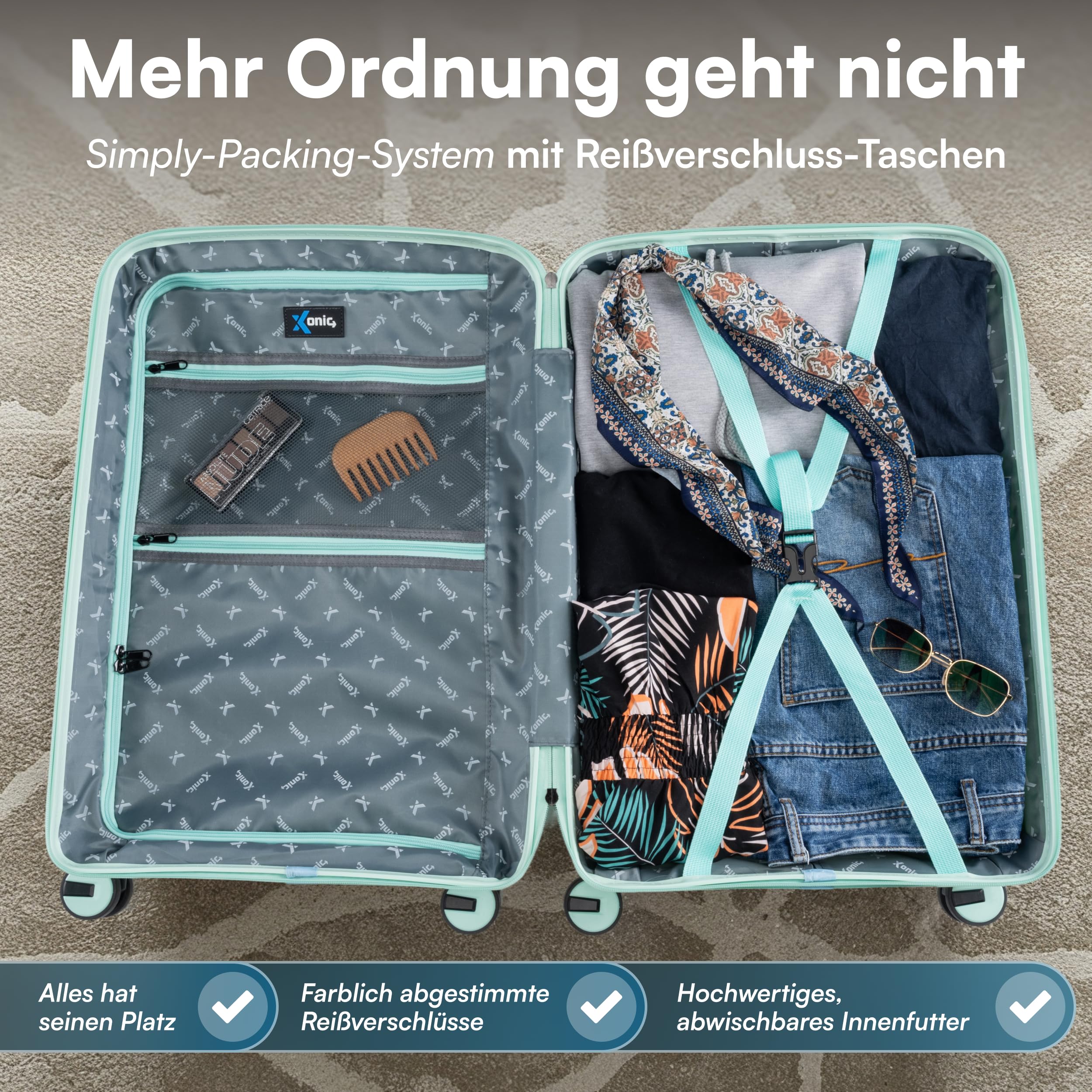 Xonic® Hartschalenkoffer Serie aus Polypropylen mit 360° Doppelrollen & TSA-Schloss – Reisekoffer in verschiedenen Größen & Farben (Mintgrün, XL (100L))