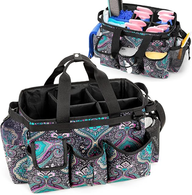 LoDrid Large Cleaning Caddy Bag with Detachable Divider, Wearable Cleaning Caddy Organizer with Handle, Cleaning Supply Tote Bag with Adjustable Shoulder Strap for Cleaners & Housekeepers, Totem