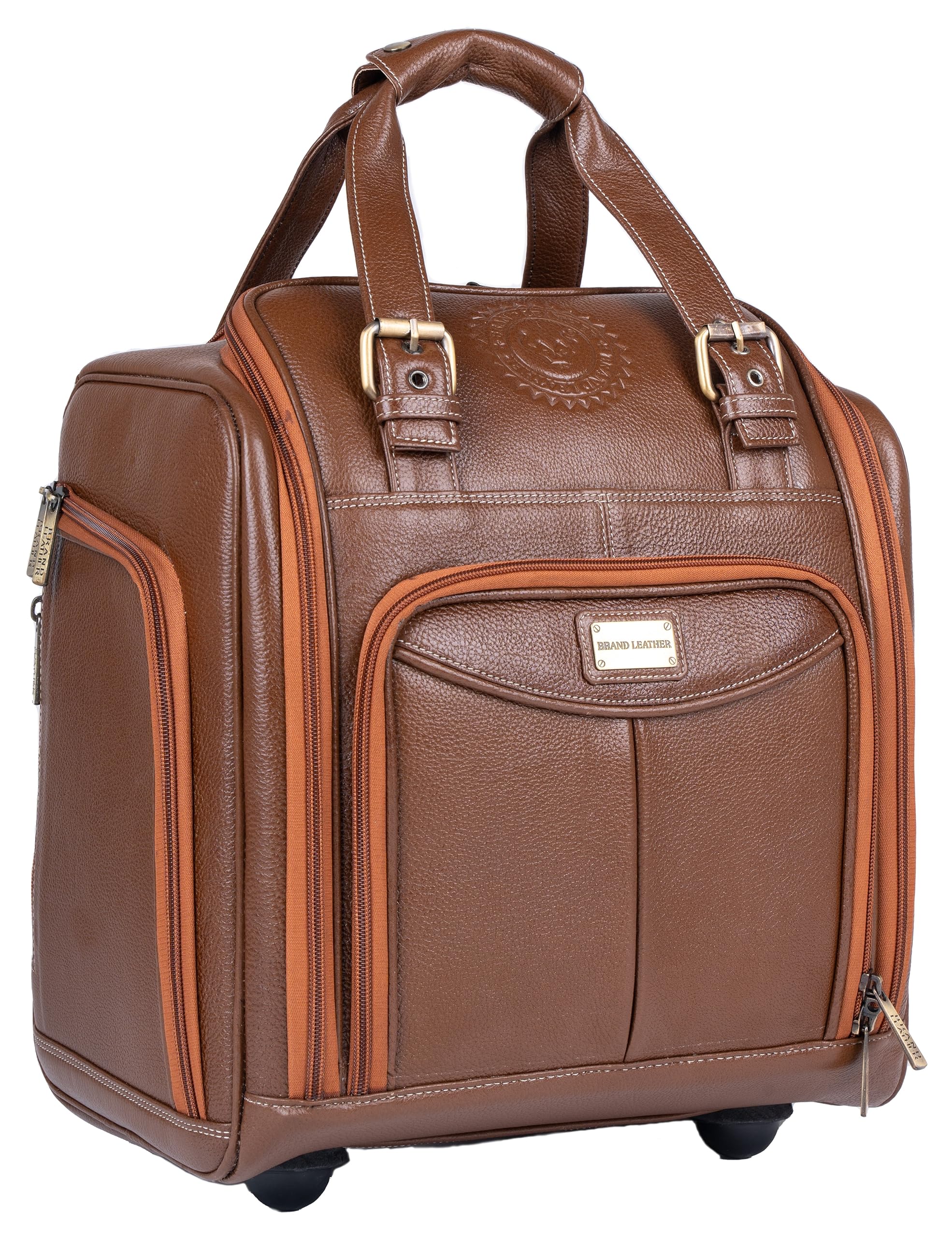 BRAND LEATHER Genuine Leather Underseat Carry-On Rolling Travel Luggage Bags (Brush Wood)