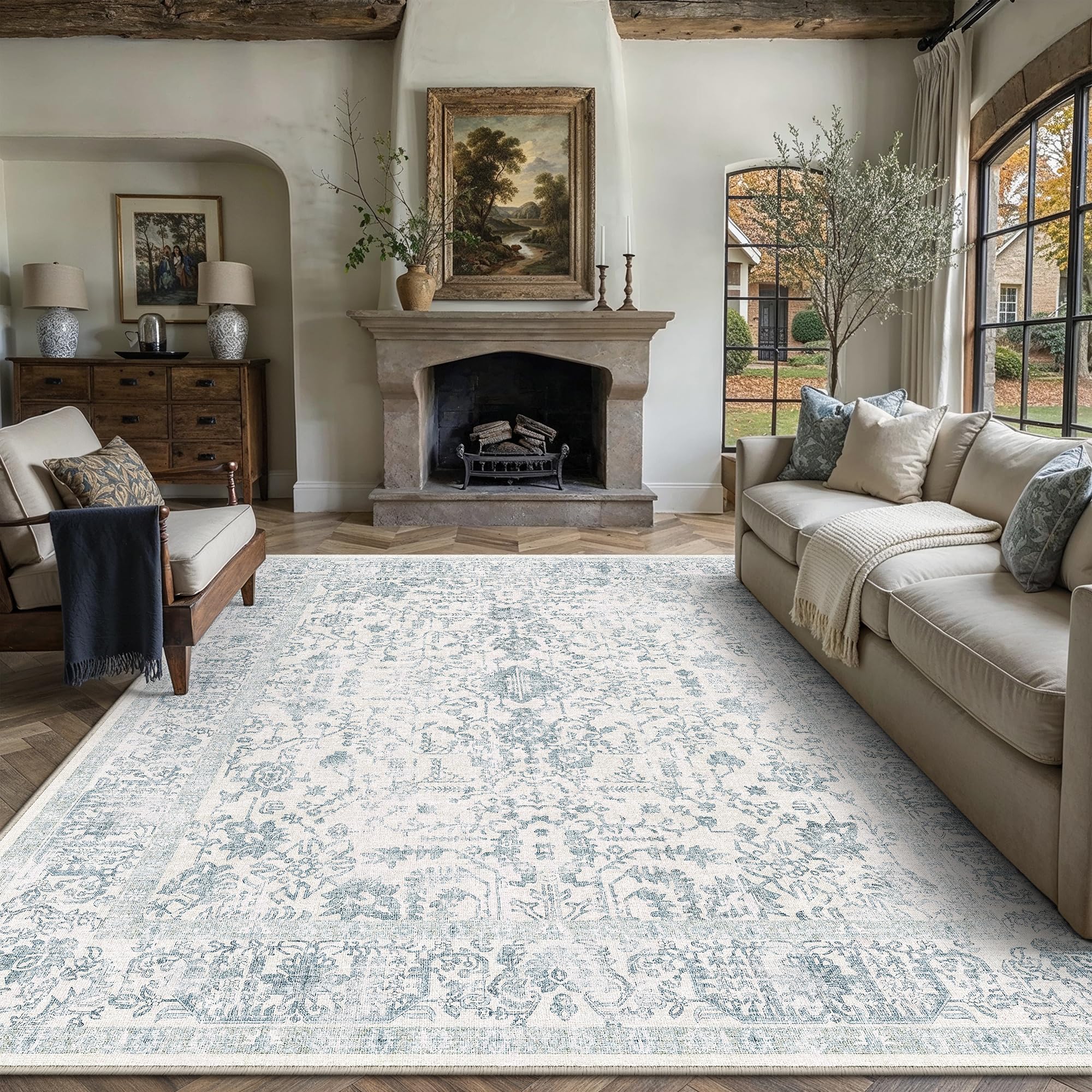 PureCozy Vintage Rugs Living Room Washable 300x400cm Blue Large Carpet — image 1