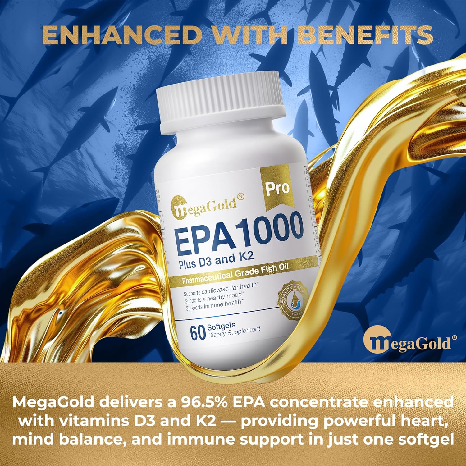 Pro Fish Oil EPA 1000mg Omega 3 with Vitamins D3 & K2 - Omega 3 Fatty Acid Supplements, Burpless Fish Oil Capsules for Men and Women - 60 Count Mini Softgels