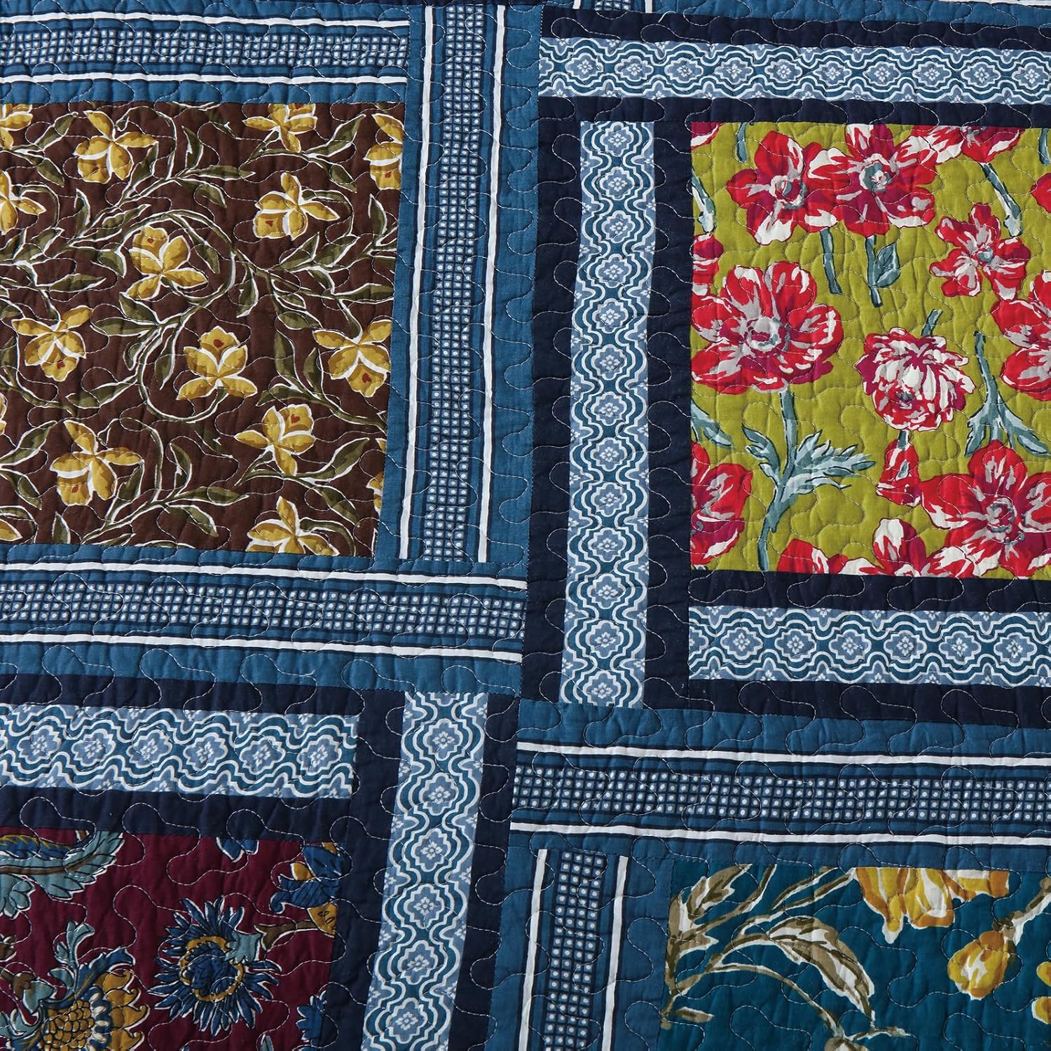100% Cotton Navy Blue Patchwork Quilt Queen Size, 3-Piece Quilt Set with Multicolor Paisley and Floral Pattern, Vintage Old School Style, Ultra-Soft Breathable Lightweight Bedspread Coverlet