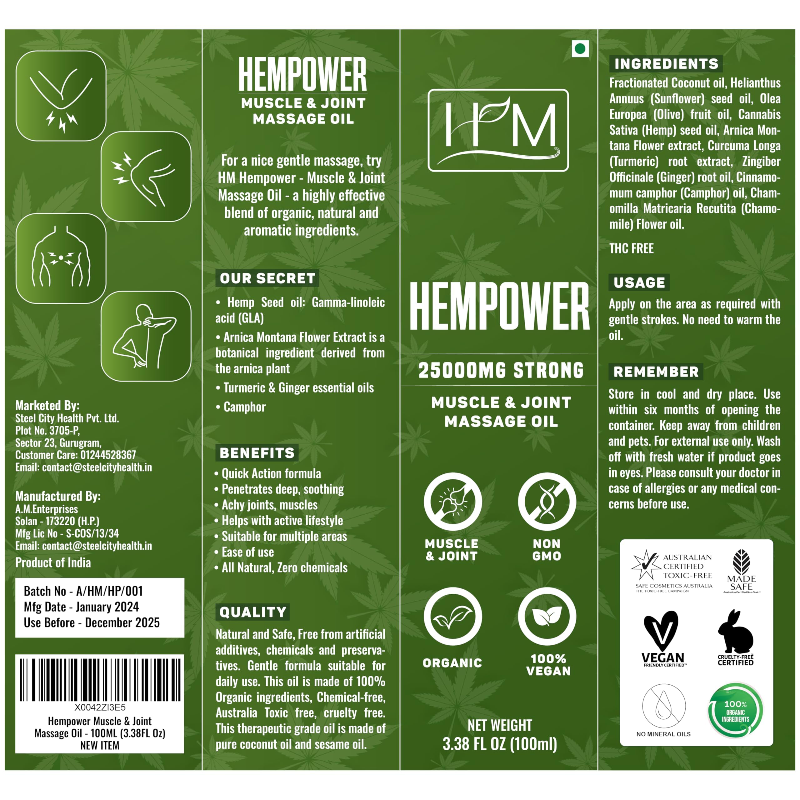 Happy Moms - Aceite de masaje para músculos y articulaciones Hempower - 100ML (3.38FL Oz)