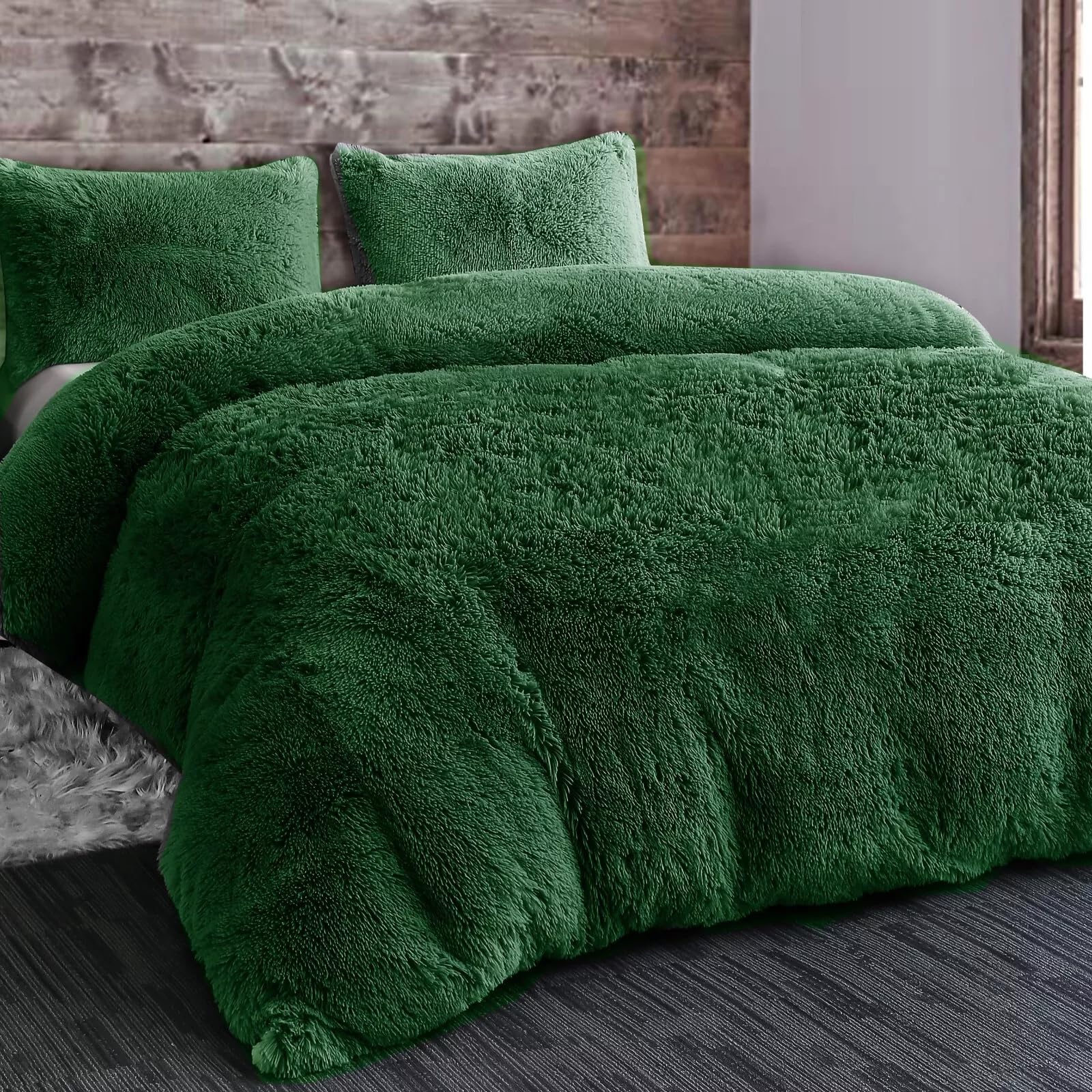 Kiswa collection Long Fluffy Teddy Fleece Duvet Cover Set with Pillowcases – Soft Faux Fur Quilt Bedding, Warm and Cosy Thermal Design, Single, Double, King Sizes (Green, Double)
