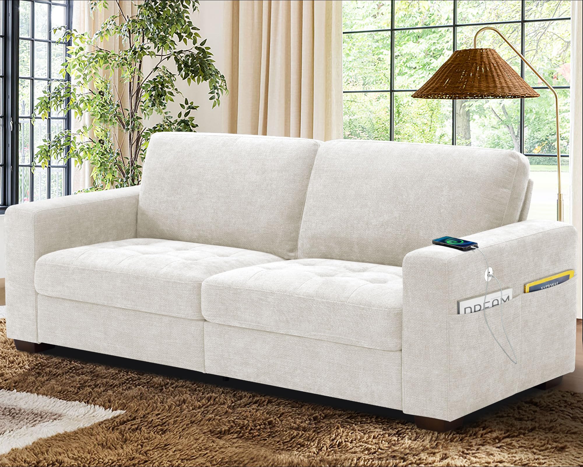 WorthFurni Sofas for Living Room, Chenille Loveseat Couch Set, Small Modern Sofa, USB Charging, Removable Sofa Cover,Solid Wood Frame, Easy to Install