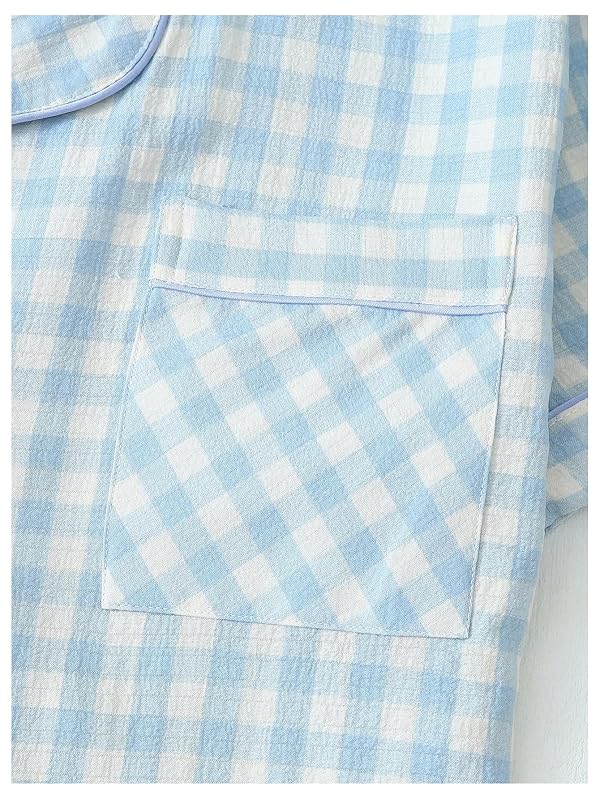 Verdusa Women's Plaid 2 Piece Cute Pajama Sets Short Sleeve Button Down Shirts with Shorts Loungewear Blue X-Large by Verdusa - Image 4