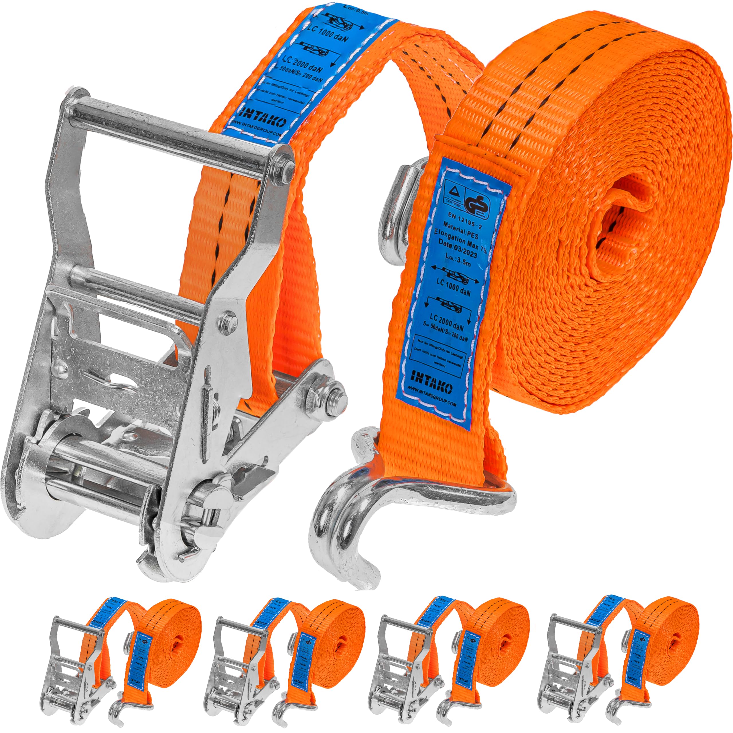 INTAKO Sangle à Cliquet 4m/6m/8m 2000kg 35mm - Lot de 4 - Sangles D'arrimage avec Crochet Securises pour Moto Remorque, Quad - Conforme à la Norme EN 12195-2 et Certifié TÜV GS (Orange, 4m (lot de 4))
