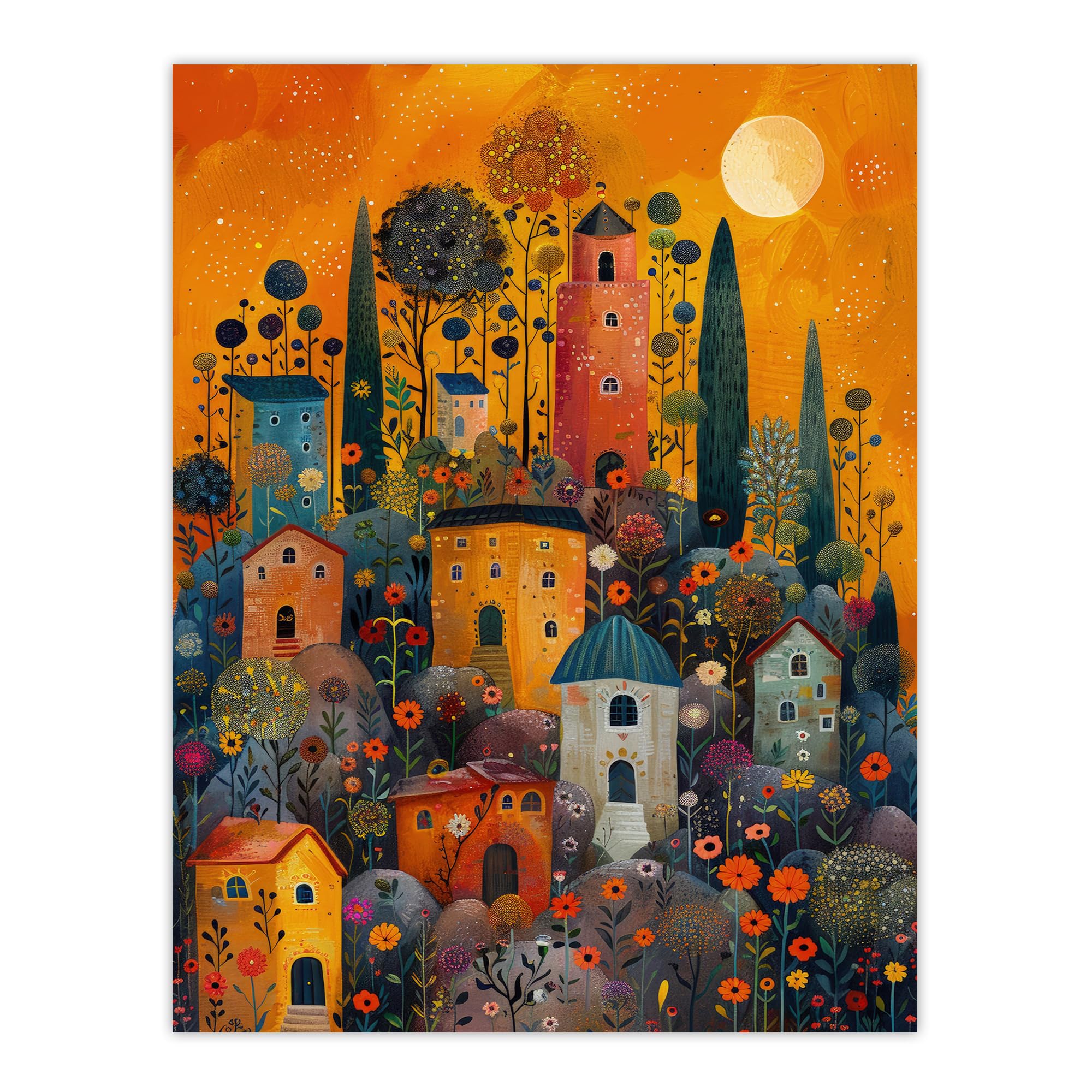 Artery8 Flower Hill Village Sunset Folk Art For Living Room Extra Large XL Wall Art Poster Print