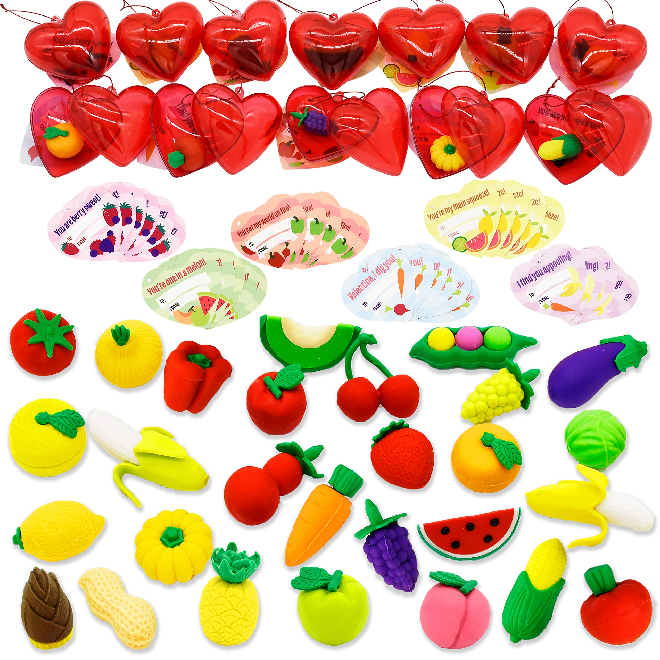 JOYIN 28 Packs Valentine Party Favors Set with Fruit and Vegetable Eraser Filled Hearts and Valentine Cards for Kids Valentine Classroom Exchange Heart Valentine Eraser for Kids Valentine Prizes