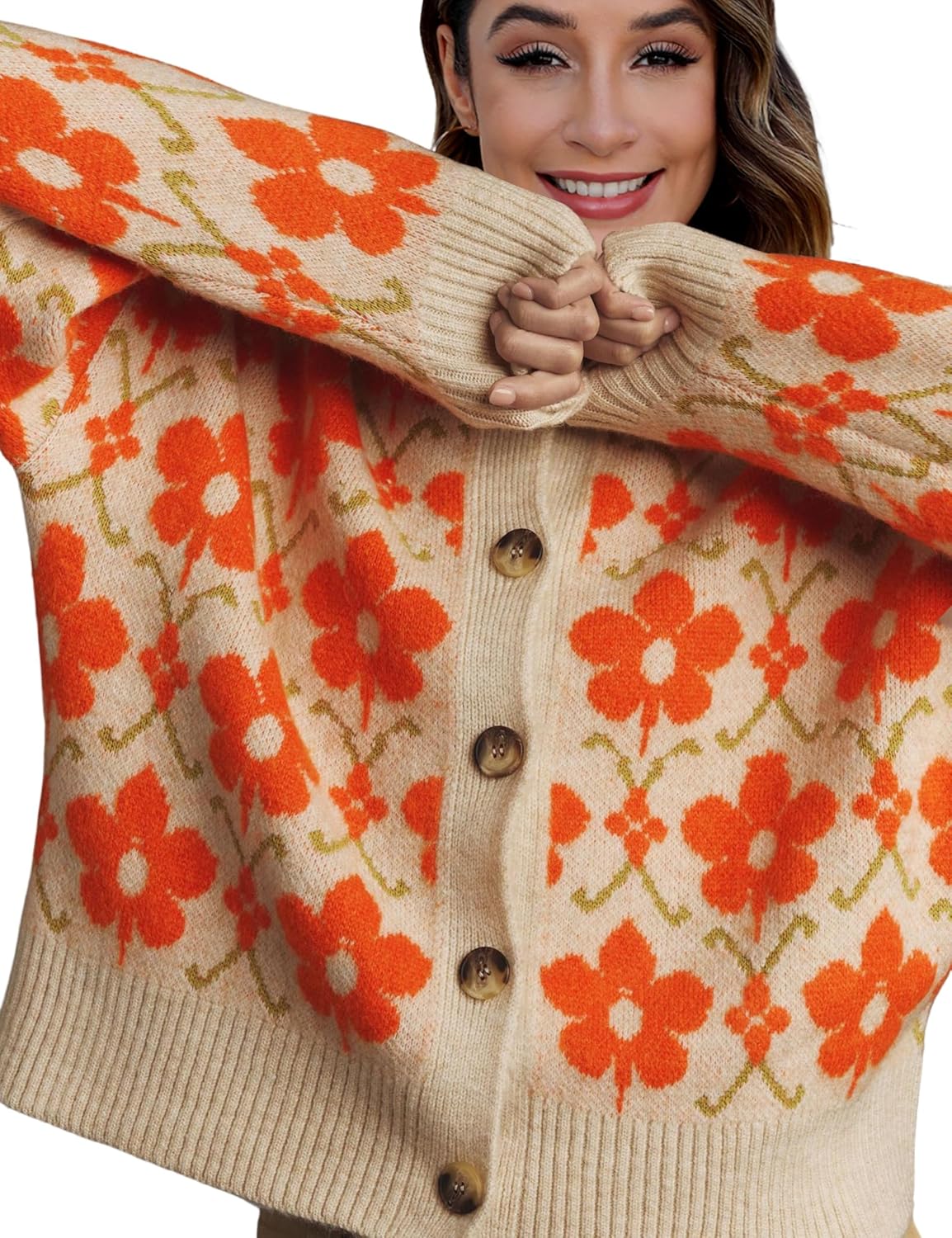 Women Floral Cardigan Sweater Open Front Long Sleeve Button Down Knit Sweater Vintage Outerwear - Image 6