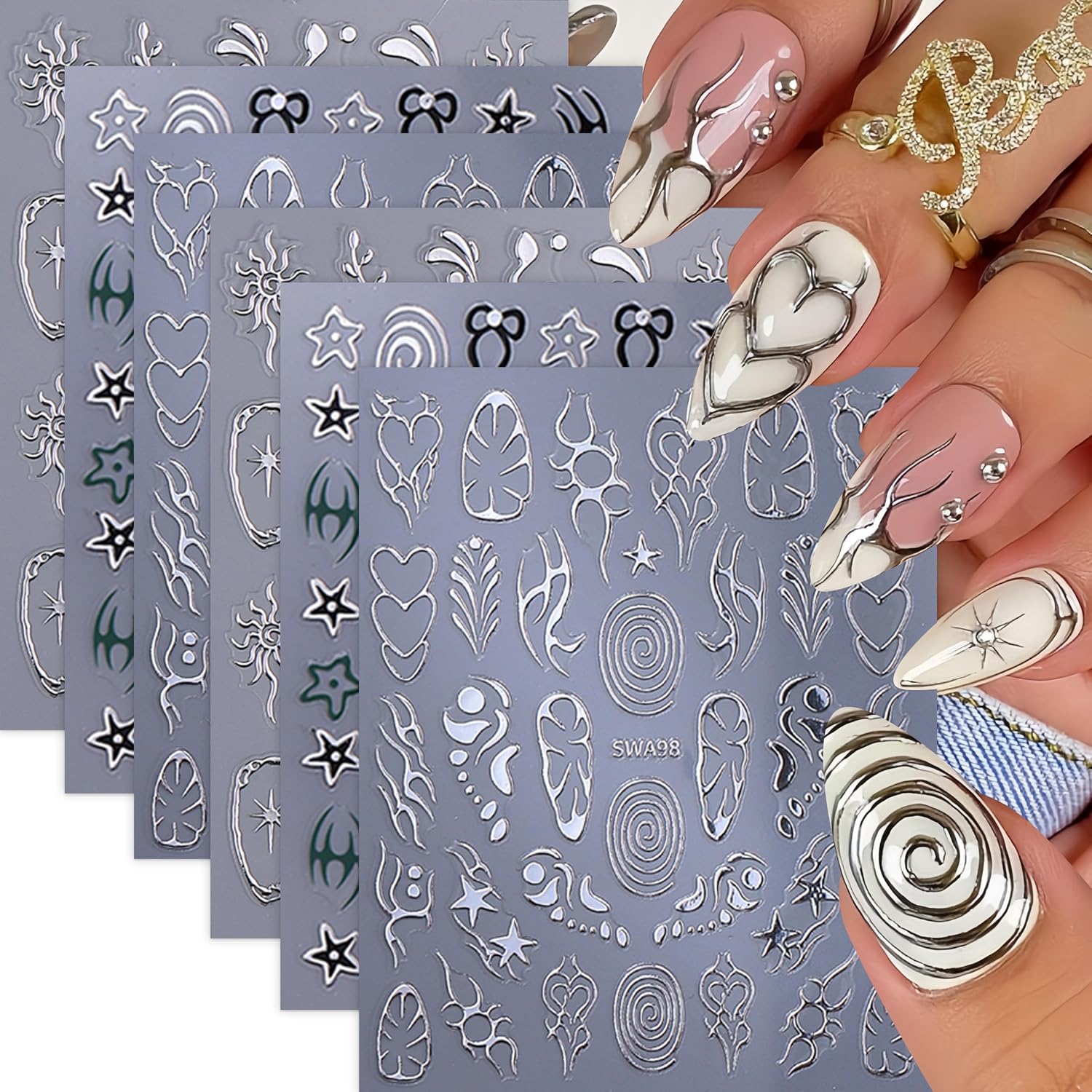 6Pcs Y2K Abstract Line Nail Art Stickers Hollow Swirl Star Bow Sun Self Adhesive Nail Decals Black Silver Green Minimalist Bohemian Grunge Line Art Nail Supplies for Women Festival DIY Manicure Decor