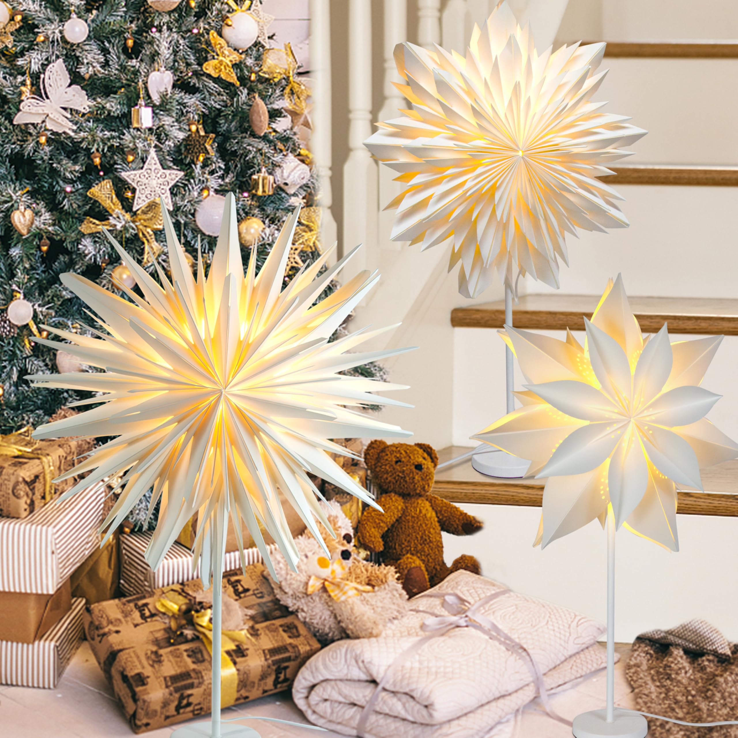 Stehender Weihnachtsstern Beleuchtet - LED Papierstern Weihnachten Tischlampe für Weihnachtsdeko Innen Fenster， Leuchtsterne Deko, Weihnachtsbeleuchtung Lichterkette, Weiß