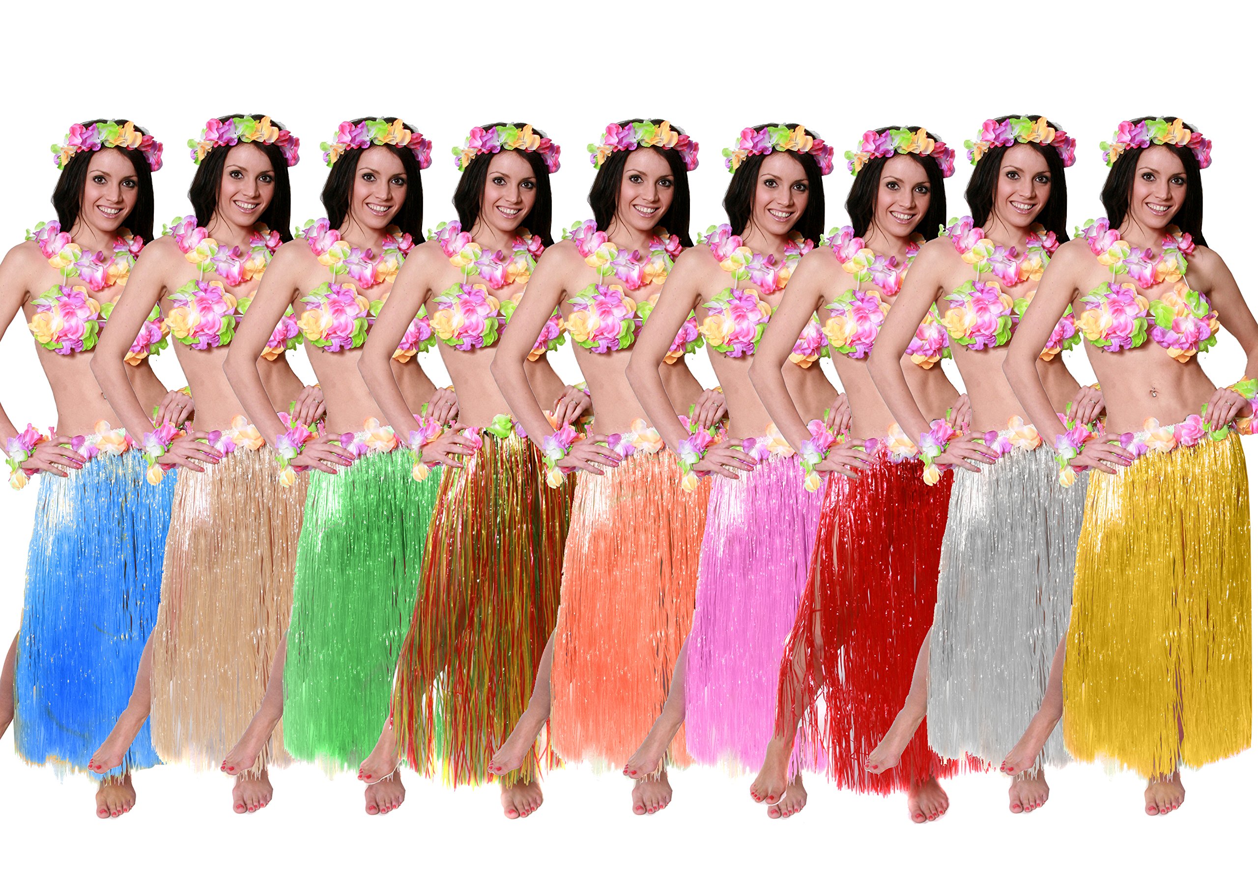 HAWAIIAN SET FANCY DRESS COSTUME KIT COLOURED 80CM LONG HULA SKIRT + FLOWER BRA + FLOWER LEI NECKLACE + PAIR OF FLOWER BRACELETS + FLOWER HEADBAND 6 PIECE HAWAII GRASS SKIRT LUAU (NATURAL)