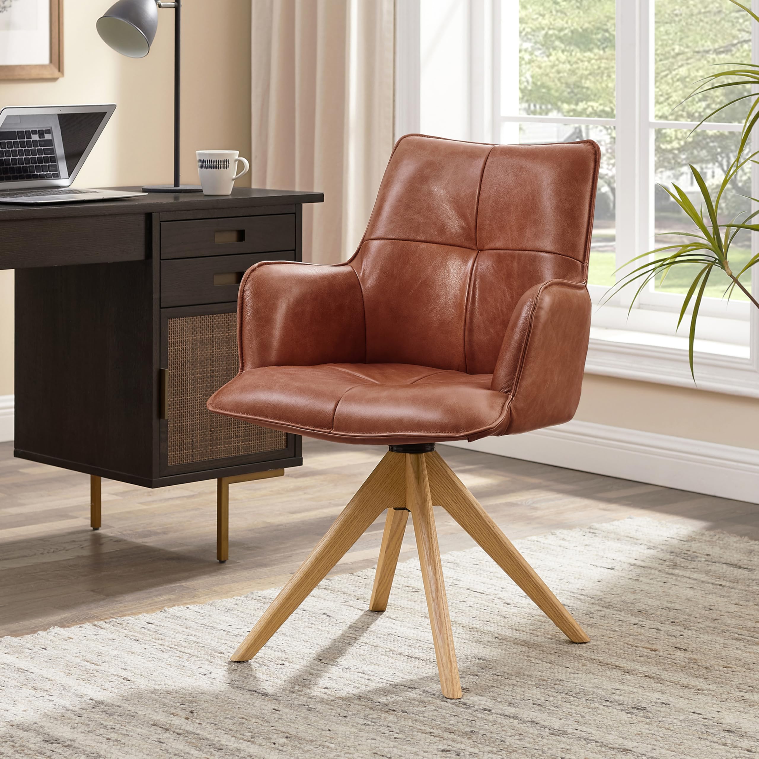 Art Leon Home Office Desk Chair - Genuine Leather Upholstered Accent Armchair, Mid Century Swivel Chair with Black Oak Wood Legs for Small Space
