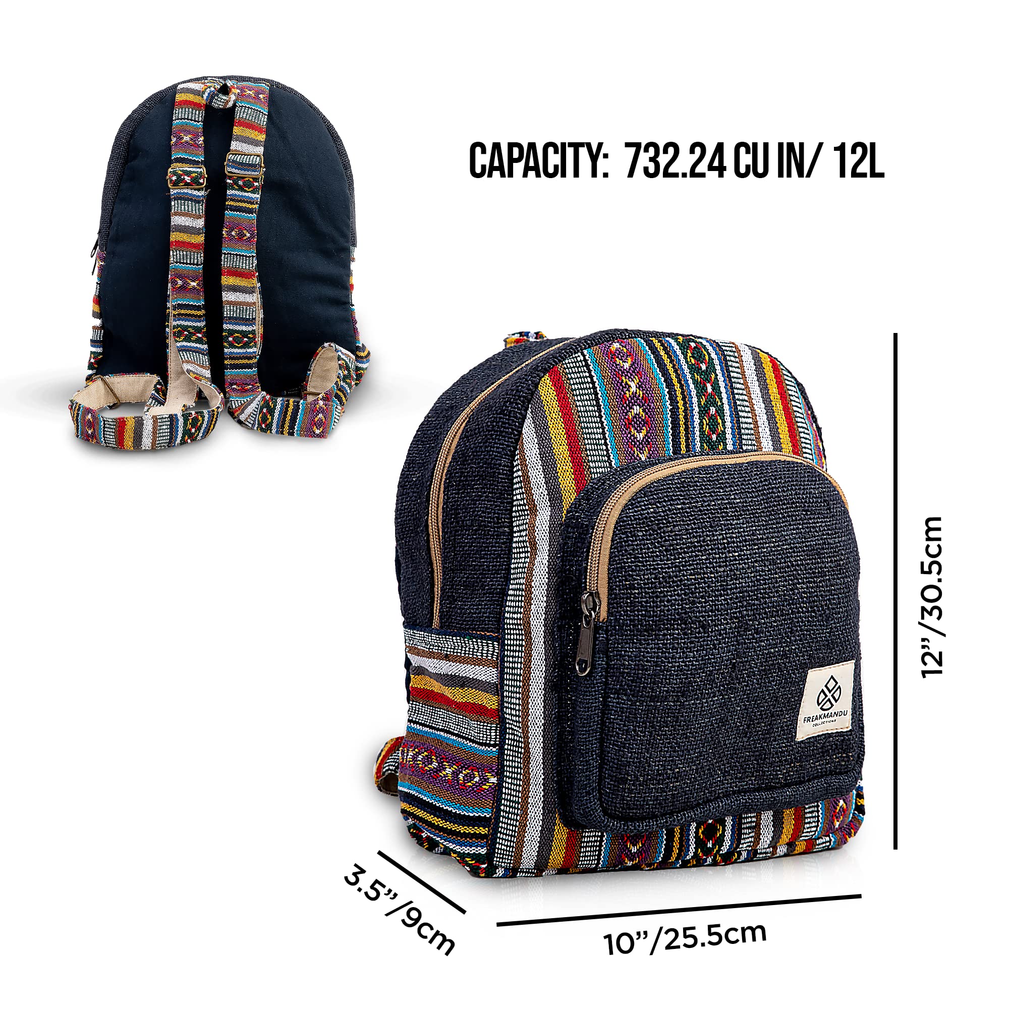 Freakmandu, mini zaino in canapa, stile boho, ecologico, unisex, rustico, durevole, Stampata., S, Boho