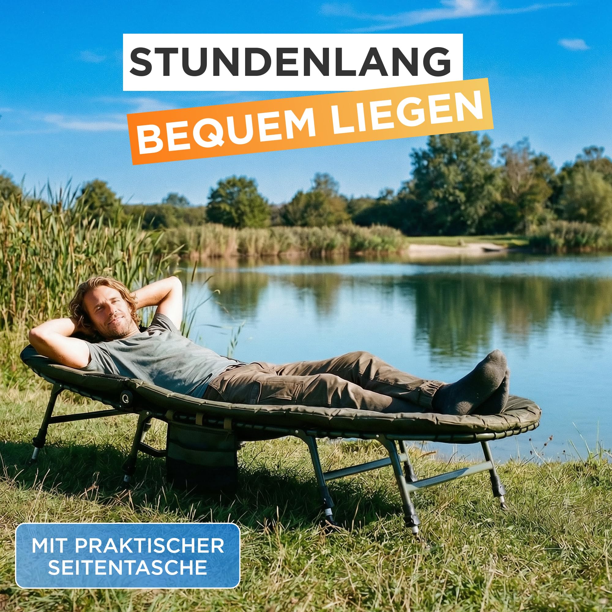 Karpfenliege [Stabil, Bequem & Leicht zu Reinigen] - Angelliege mit extragroßen Schlammfüßen, Angelliege Karpfenliege, Campingliege, Feldbett