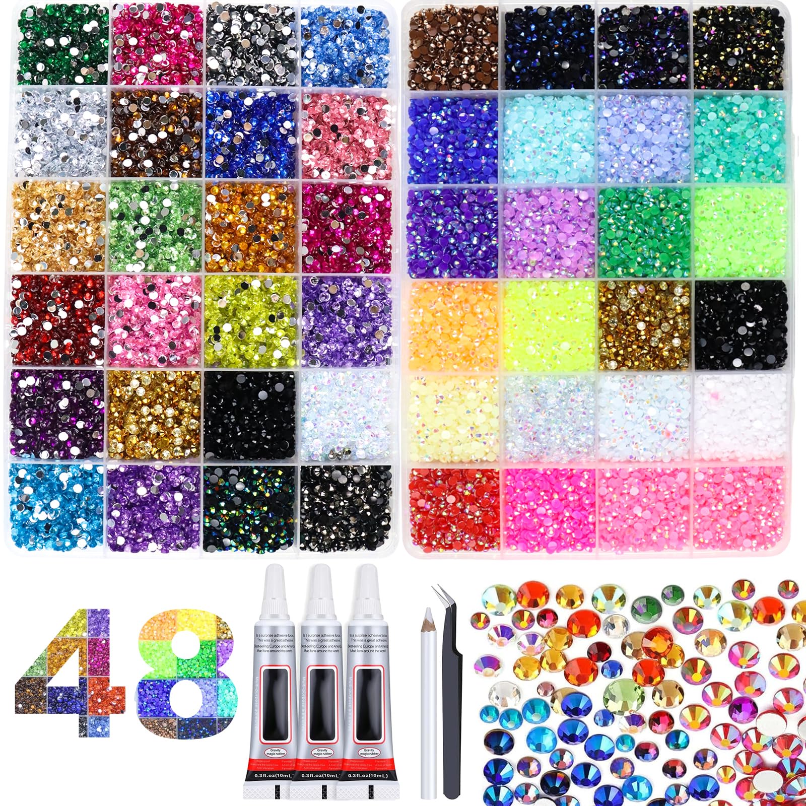48000 Stück Strasssteine Glitzersteine Runde Glitzer Edelsteine Rhinestone | 48000 Stück/48 Farben Glitzersteine Mit Klebstoff zum Basteln 3mm für Nageldesign, Gesichts-Make-Up, Bastelarbeiten