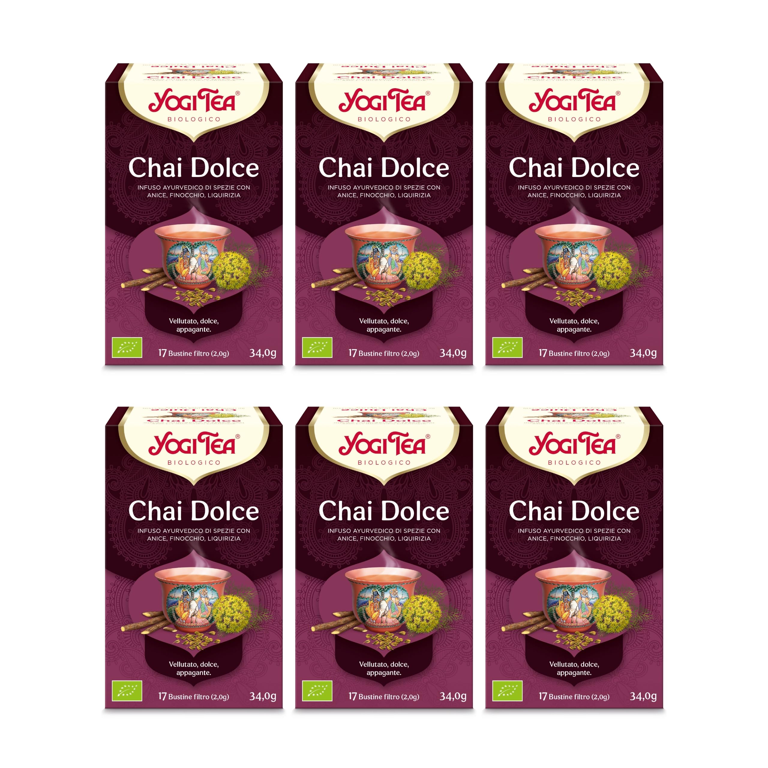 Yogi Tea Chai Dulce Bio - Infuso Ayurvedico - Miscela di Anice, Finocchio e Liquirizia, Senza Caffeina - Confezione da 6x17 bustine (102 bustine in totale)