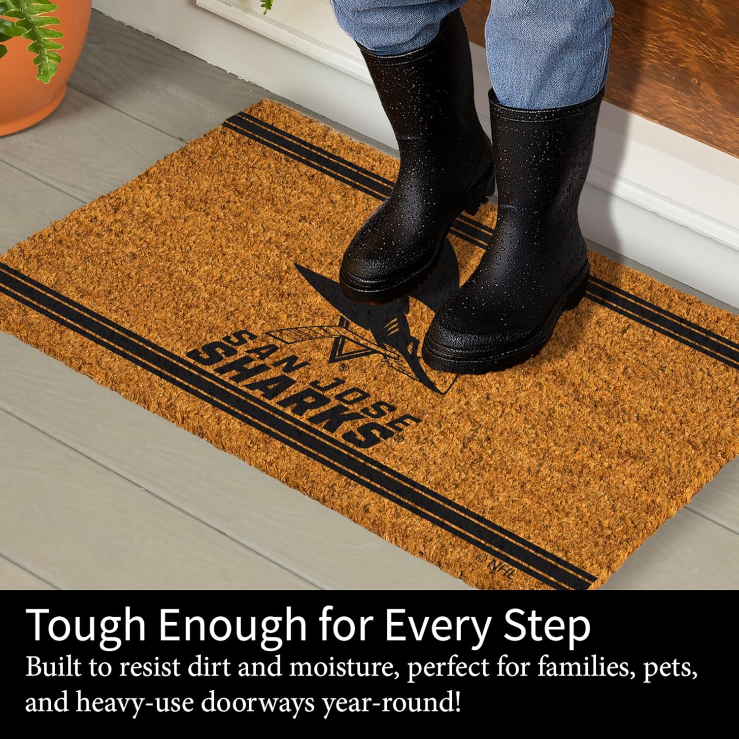 NHL San Jose Sharks Coir Door Mat, Indoor and Outdoor Entryway, 28 x 16 Inches Non Slip Back Welcome Floor Mats for Muddy Dog Paws, Weather-Resistant Front Door Entrance Home Décor