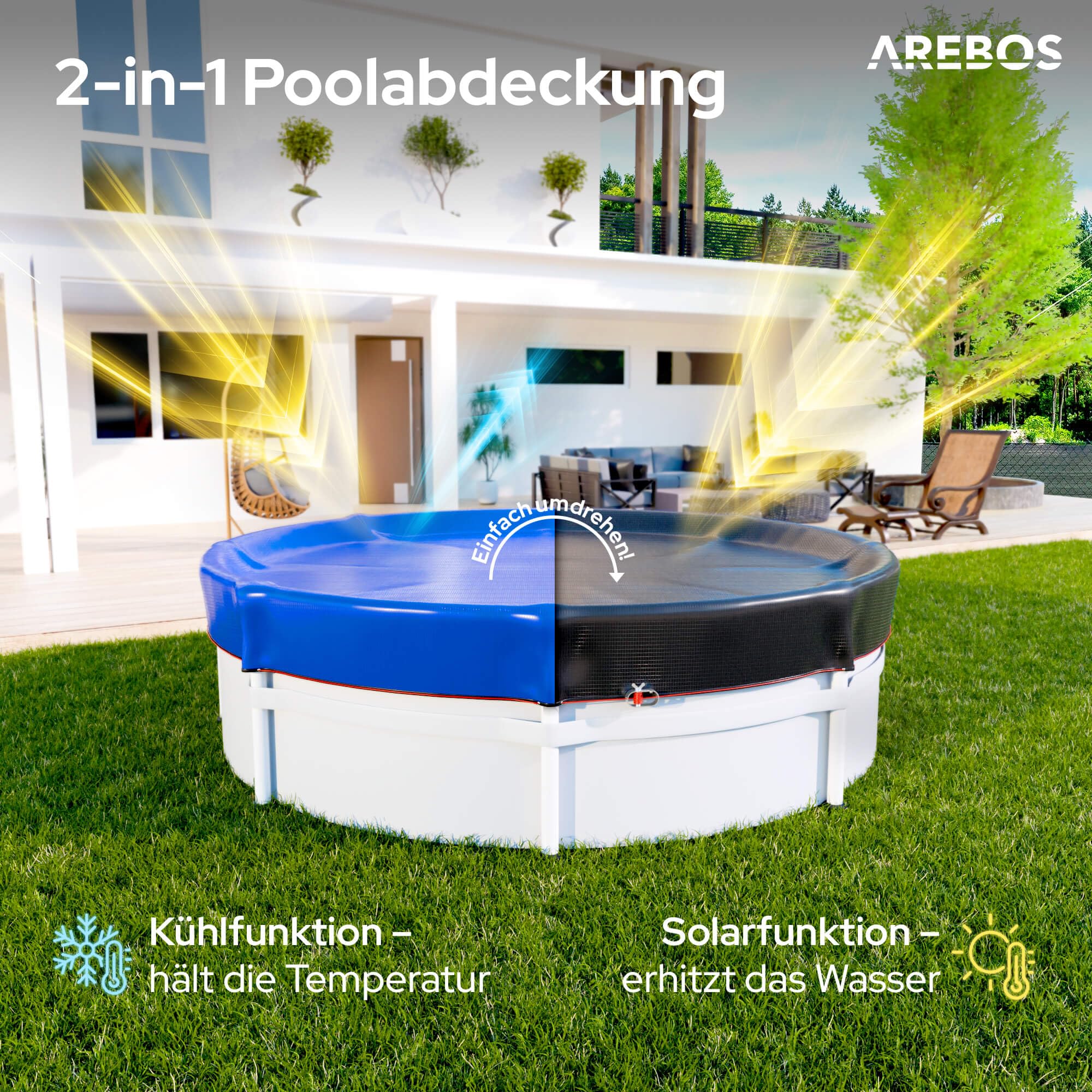 Arebos® Poolabdeckung rund Ø560 cm | 2-in-1 Poolplane aus 200g/m² PE Material | Sommer & Winter Abdeckung für Schwimmbecken | Solarplane Pool Plane | geeignet für Pools mit Ø 460-500 cm