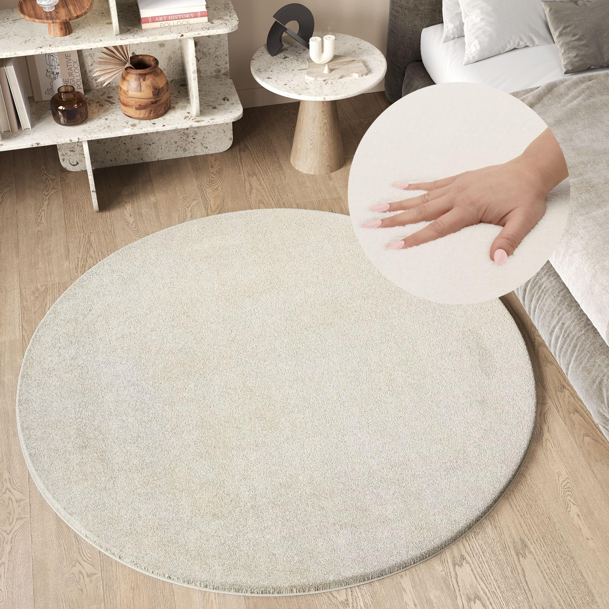 Tapis rond 80 cm crème TAPISO Cuddle antidérapant et lavable pour chambre