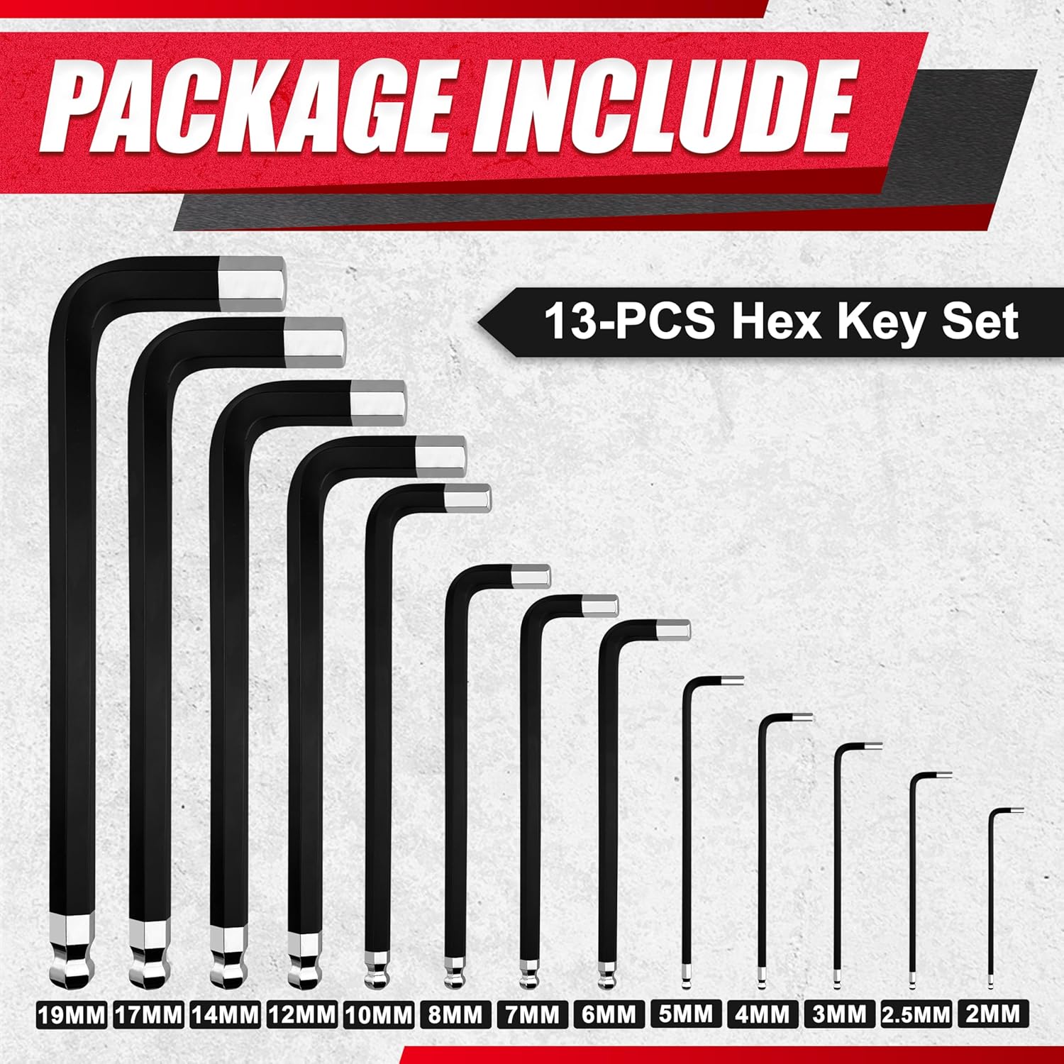 EACELIY 13PCS Jumbo Allen Wrench Set, Metric 2-19mm, Precision Hex Key Set, S2, BLACK, Jumbo Hex Key Allen Wrench Set for Professional Use