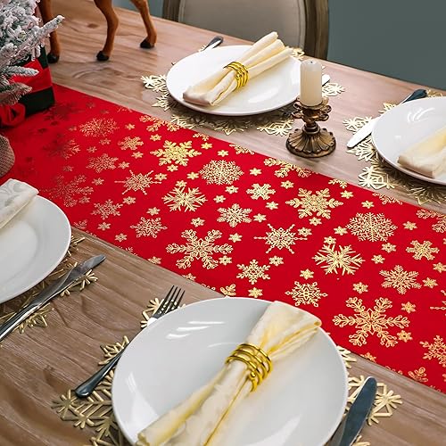 Miniatura 4 de Camino de mesa rojo de copo de nieve de Navidad de 12 x 72 pulgadas, decoración de mesa de comedor para interiores y exteriores, para festivales de
