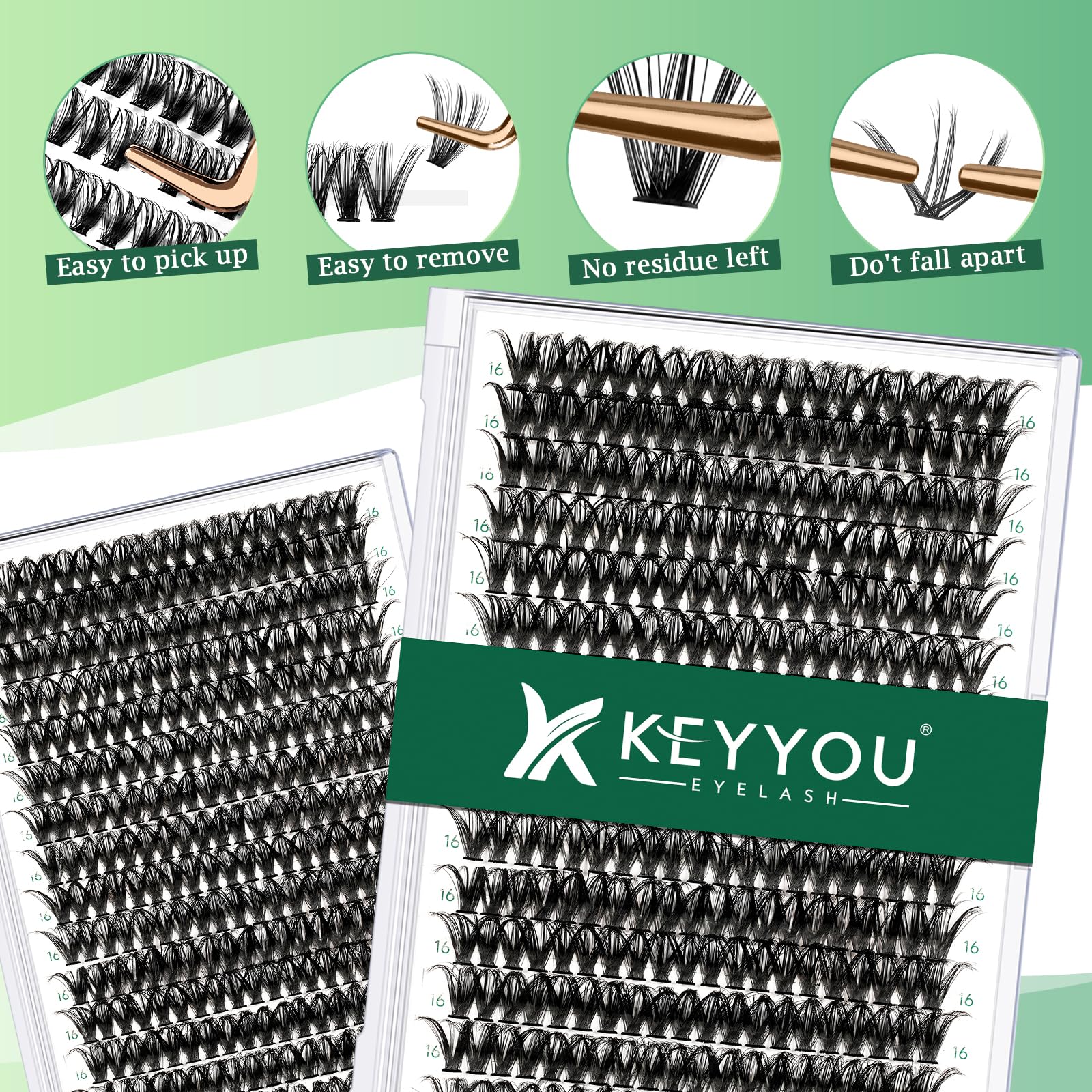KEYYOU Wimpern Extensions 300pcs Cluster Lashes 50D D Curl 16mm Einzelne Wimpern Volume Natürlich Sanft Wimpernverlängerung（50D-D-16）