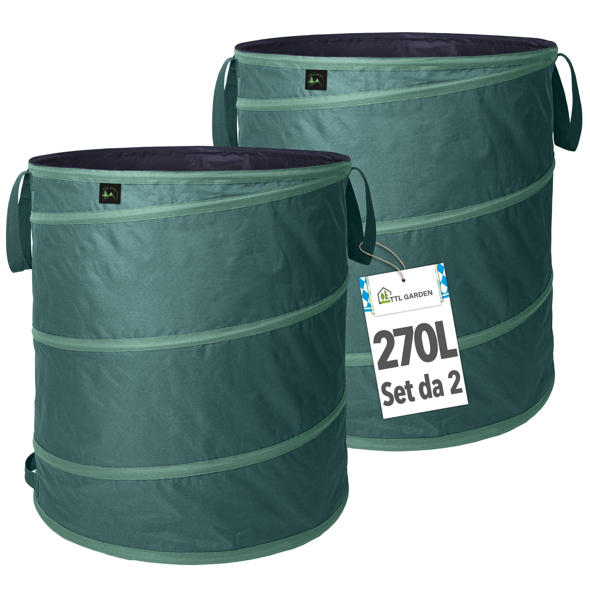 TTL GARDEN 2 sacchi per rifiuti da giardino Premium Pop Up da 270 l, 220 g/m², 600D, Oxford, set da 2 pezzi, 270 litri, pieghevoli, grandi e stabili sacchi per foglie, contenitore da giardino