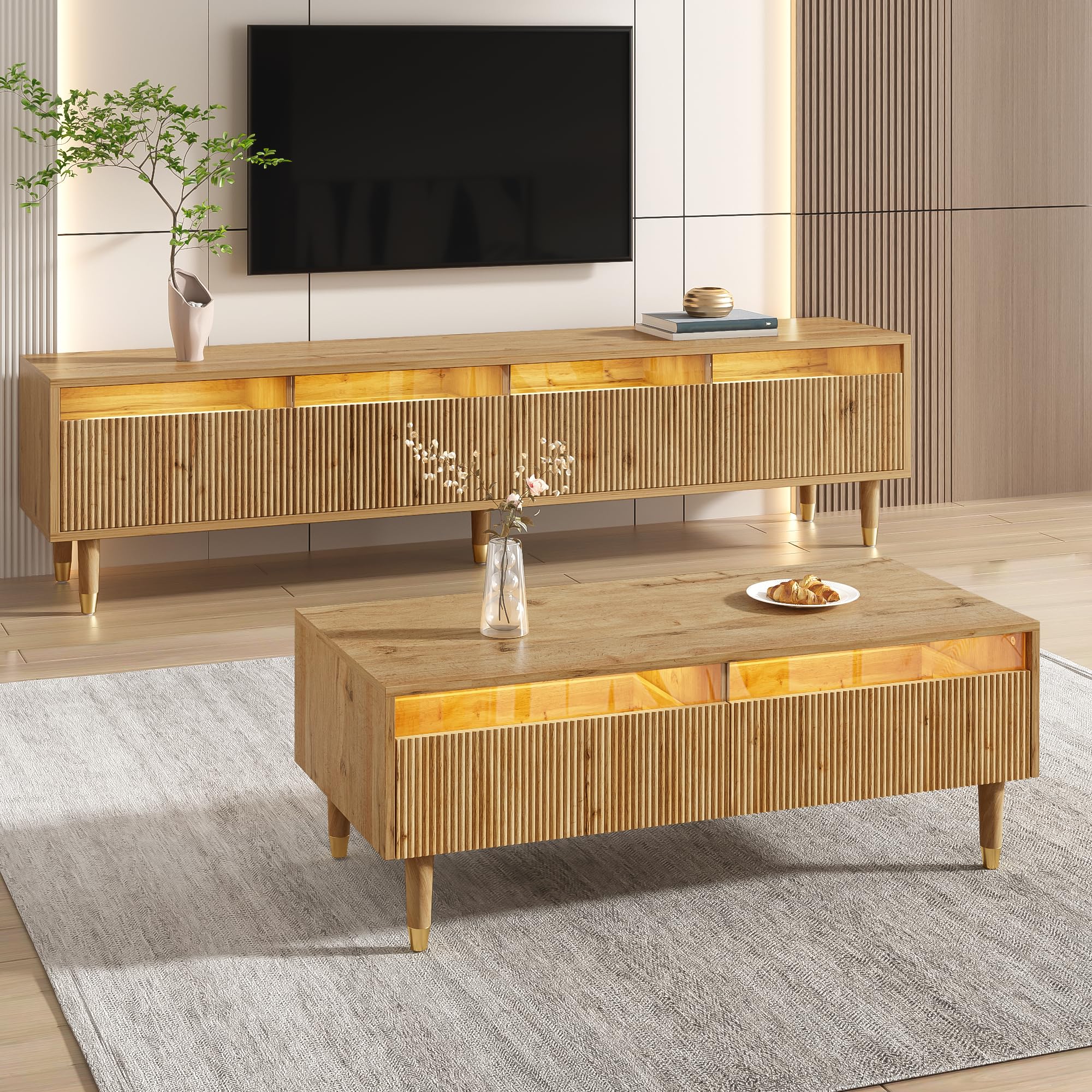 Ensemble de meubles LED Merax pour salon, meuble TV 178x35x45cm, avec 4 portes, table basse 110x50x40cm, avec 2 tiroirs, façade en acrylique, éclairage LED avec télécommande, grand espace de rangement
