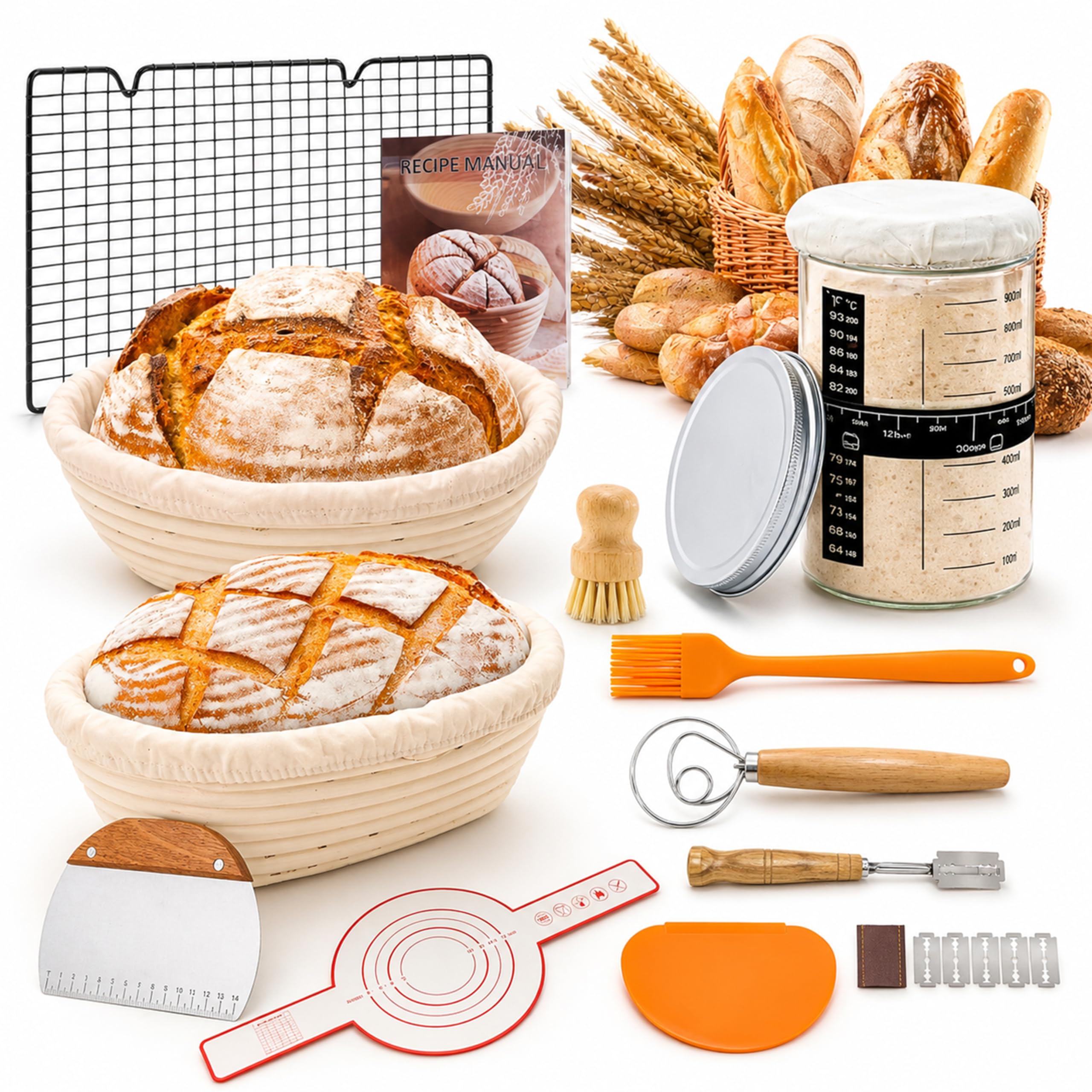 Cesta de Fermentación para Pan 25cm Ovalado & 23cm Redonda, 14 Piezas Kit Completo de Panadero, Banetones de Caña Natural, Cesta para Pan de Masa Madre para Principiantes y Experimentados