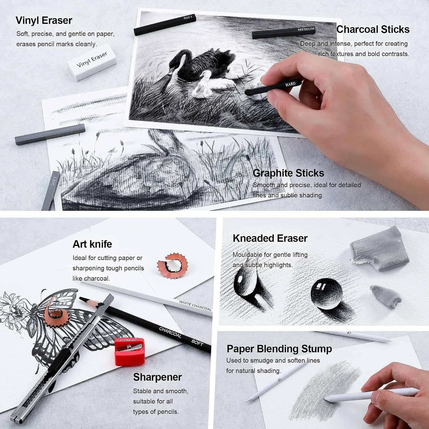 33 Piece Sketching Pencil Set - 5H to 14B Pencils, Charcoal Pencils, Charcoal Sticks,Graphite Sticks,Painting tools – drawing pencil set for Beginners, Artists, Students, Kids