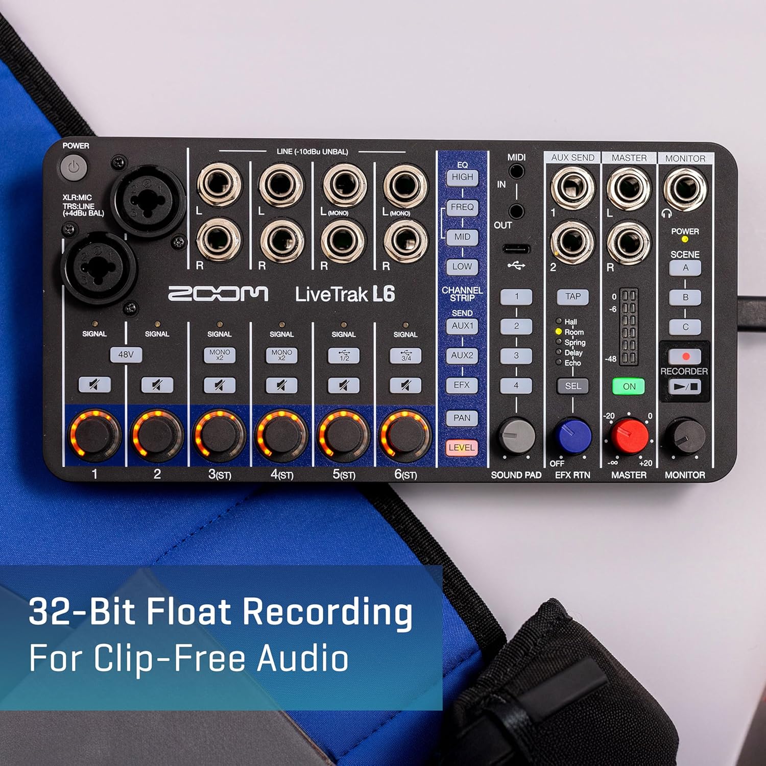 Zoom LiveTrak L6 Mixer/Recorder for Synth Players, Musicians, & Podcasters, with 10 Channels, 2 Combo + 4 Stereo Inputs, 32-Bit Float, MIDI, Effects, Battery Powered
