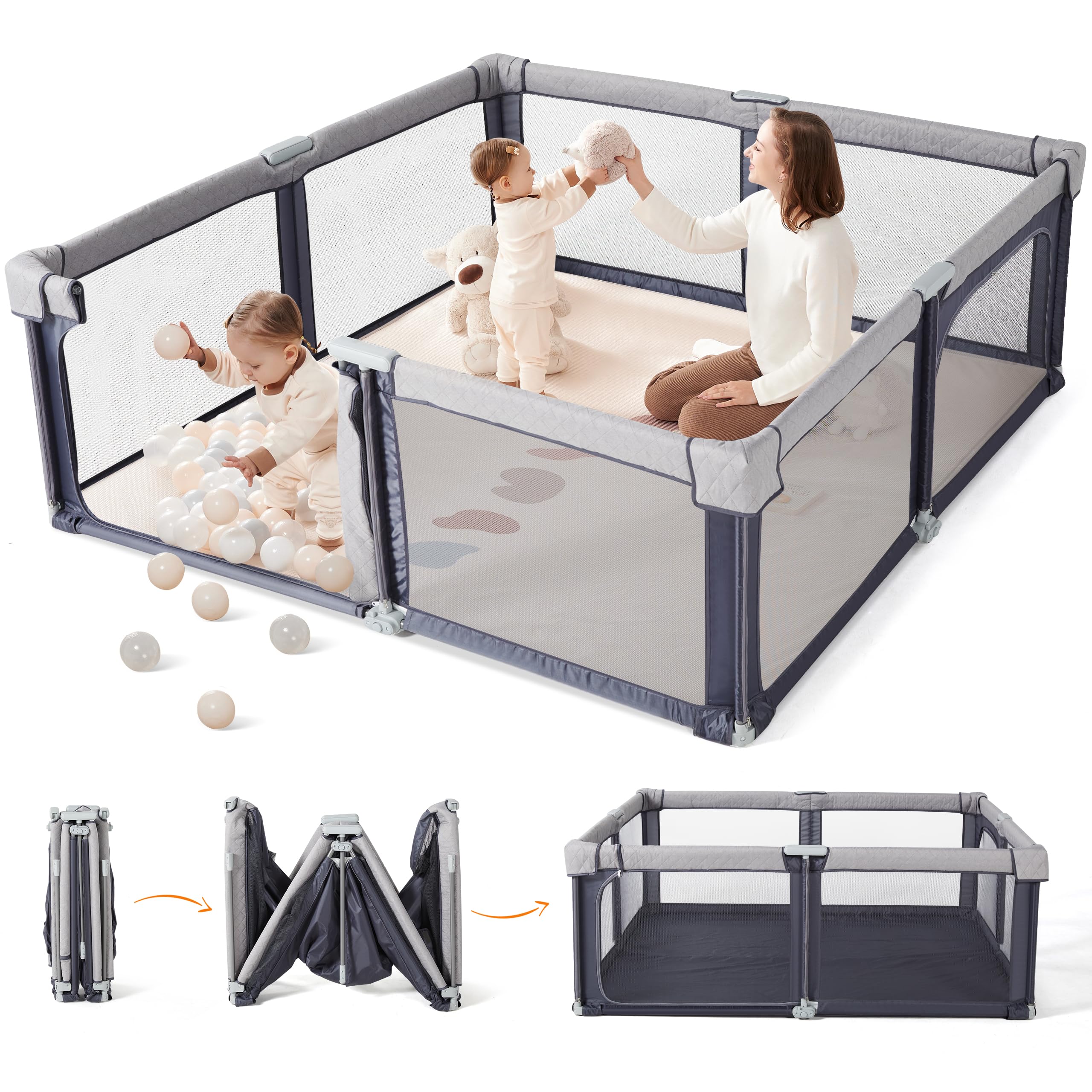 Sweeby Baby Playpen, Foldable Play Yard, Extra-Large Baby Fence for Indoor & Outdoor Use, Safe Playpen for Babies and Toddlers (Space Gray, 150 x 150 cm)
