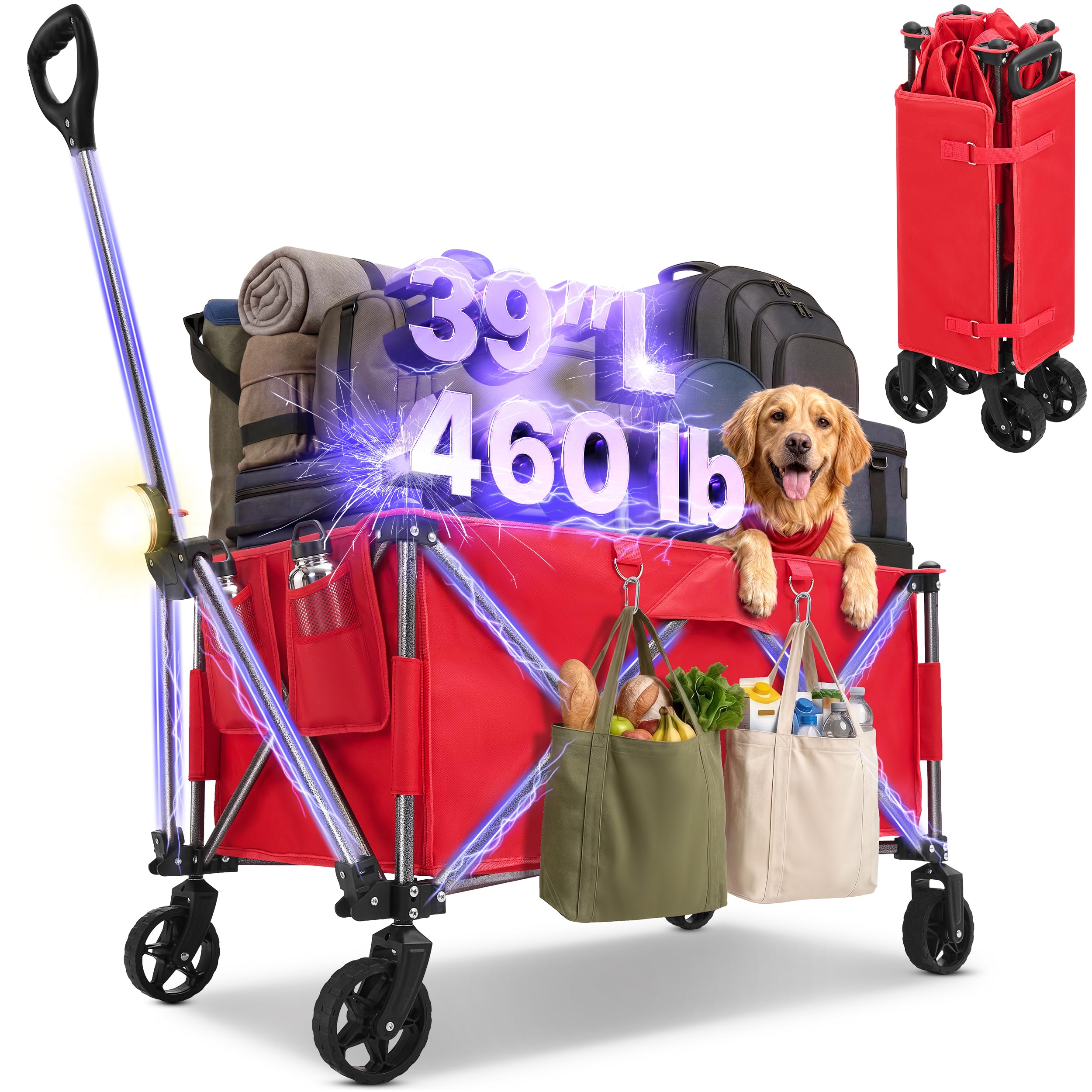 39" L Collapsible Wagon with All-Terrain Wheels, 460 lbs Foldable Cart with Detachable Flashlight, Pockets & Flexible Steering Handle, Red Utility Heavy Duty Folding Beach Wagons Carts