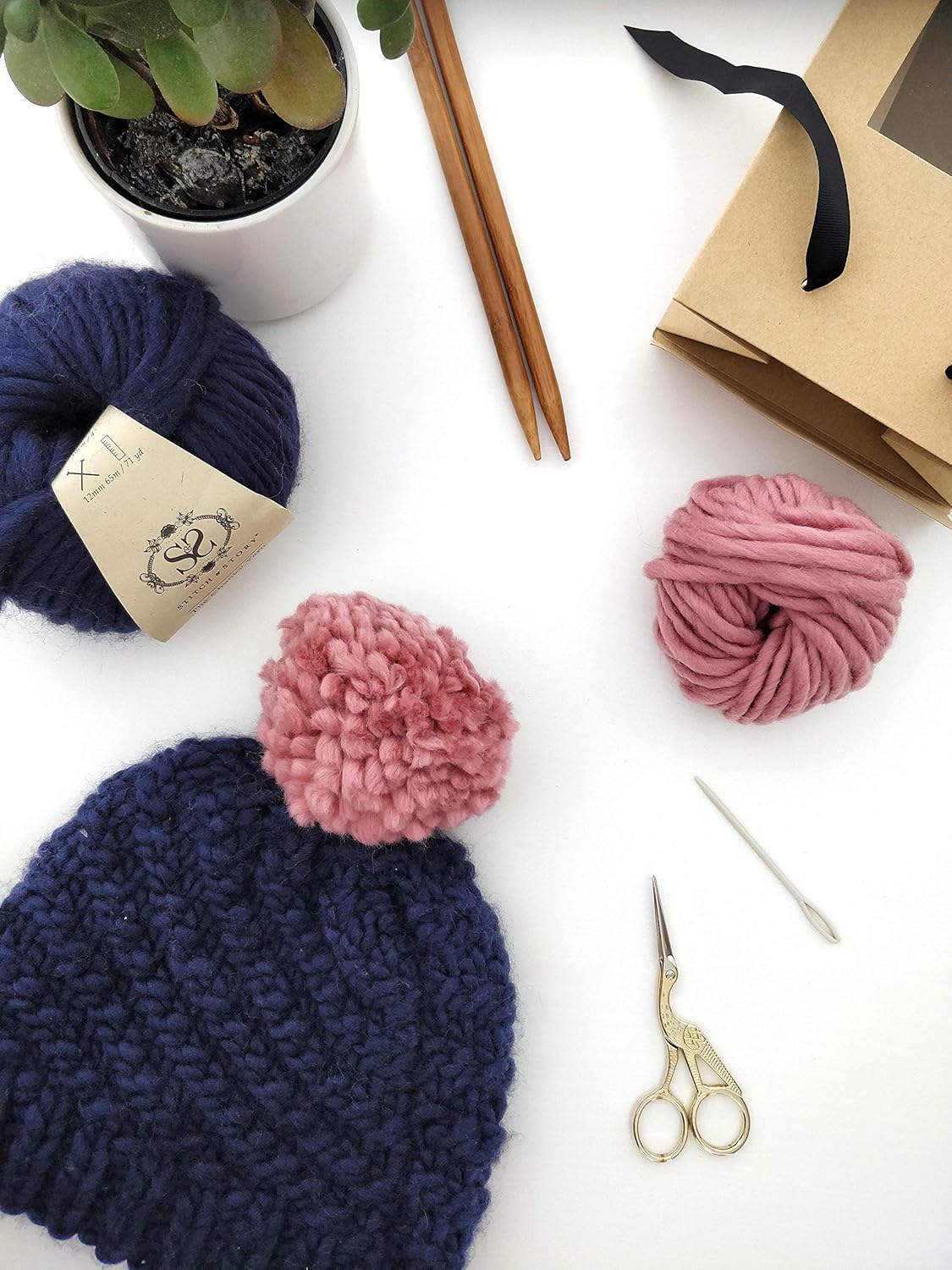 Stitch & Story Luca Pom Hat, Easy Level Beginner Knitting Kit, Fossil