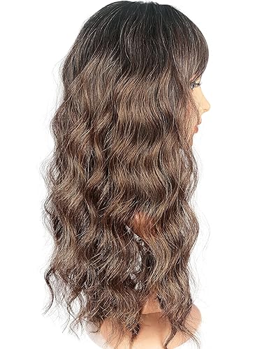 Miniatura 8 de Pelucas onduladas de color marrón degradado con flequillo, pelucas onduladas de color castaño medio largo para mujer, pelucas de repuesto de cabello