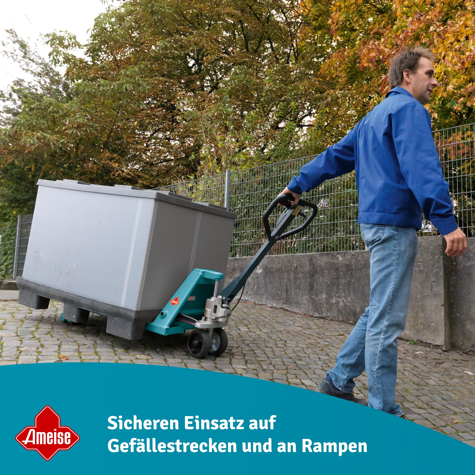 Ameise Hubwagen PTM mit Handbremse | 2.500 kg Tragkraft | 1.150 mm Gabellänge | Lenkrad aus laufruhigem Vollgummi | Einfach-Gabelrollen aus robustem Polyurethan | Palettenhubwagen für Rampeneinsatz