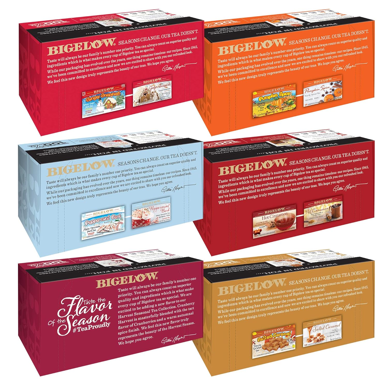 Bigelow Seasonal Tea 6 Flavor Variety Pack, Mixed Caffeinated and Caffeine Free, 18 Count (Pack of 6), 108 Total Tea Bags : Grocery & Gourmet Food