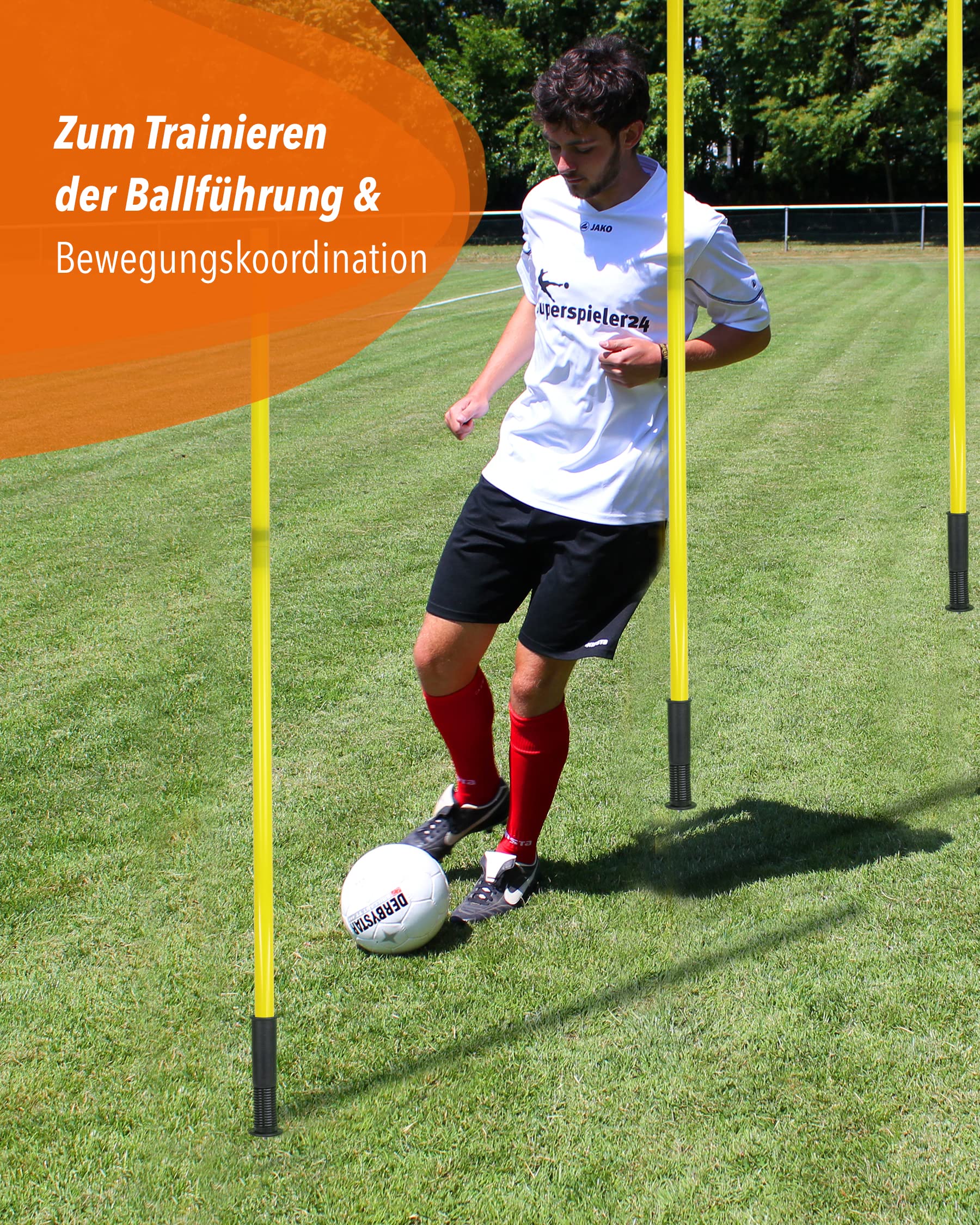 Kombi-Hülse aus Kunststoff mit Kippgelenk & Slalomstange 180 cm – 4er Set – Stange für Slalom & Koordinationstraining – für Fußball & Hundesport – Slalom-Set
