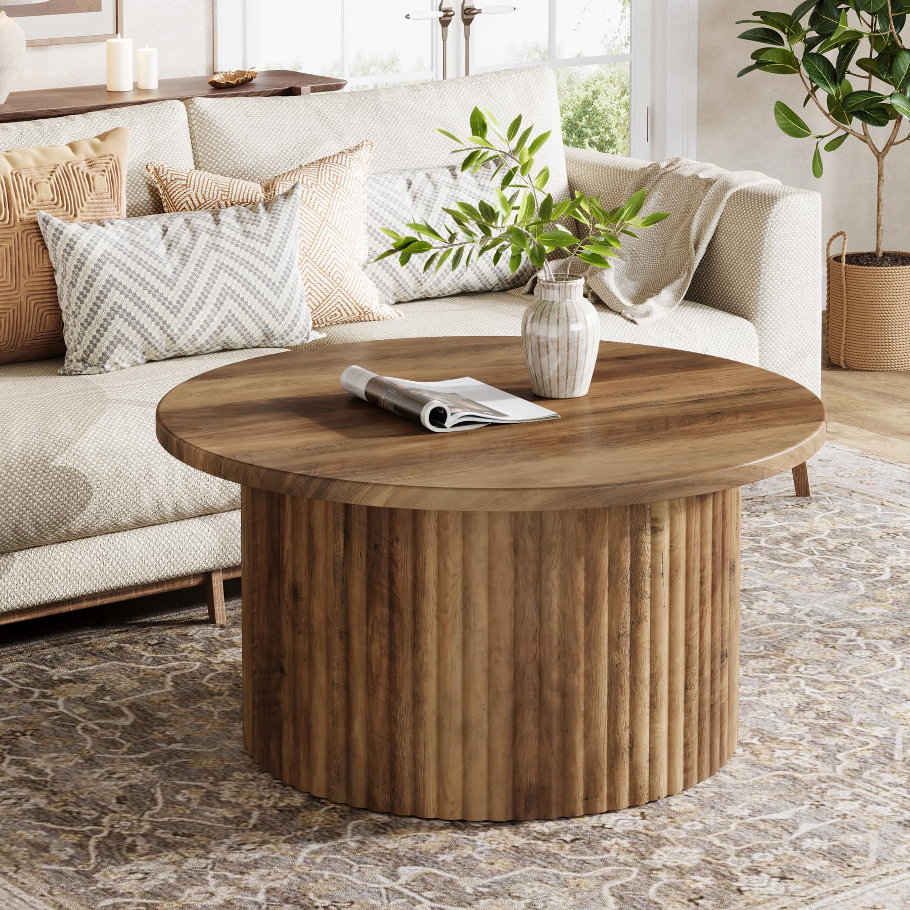 Tribesigns 31.5" Round Coffee Table, Farmhouse Circle Center Table with Sturdy Metal Base, Modern Accent Sofa Side Table for Living Room, Wooden Grain