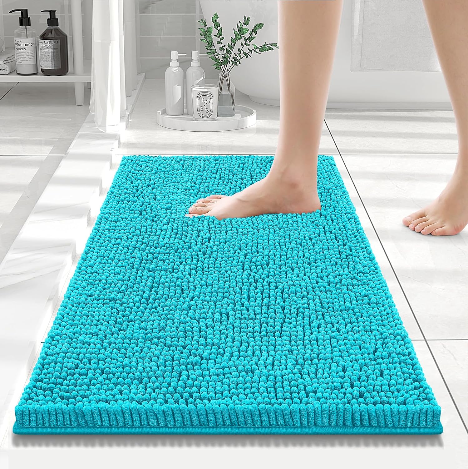  Bathroom Rugs 24X16, Luxury Chenille Extra Soft Absorbent Bath Mat | Aqua Sky, Machine Washable Non-Slip Plush Bath Mats for Bathroom, Tub, Shower, and Floor, Home Decor