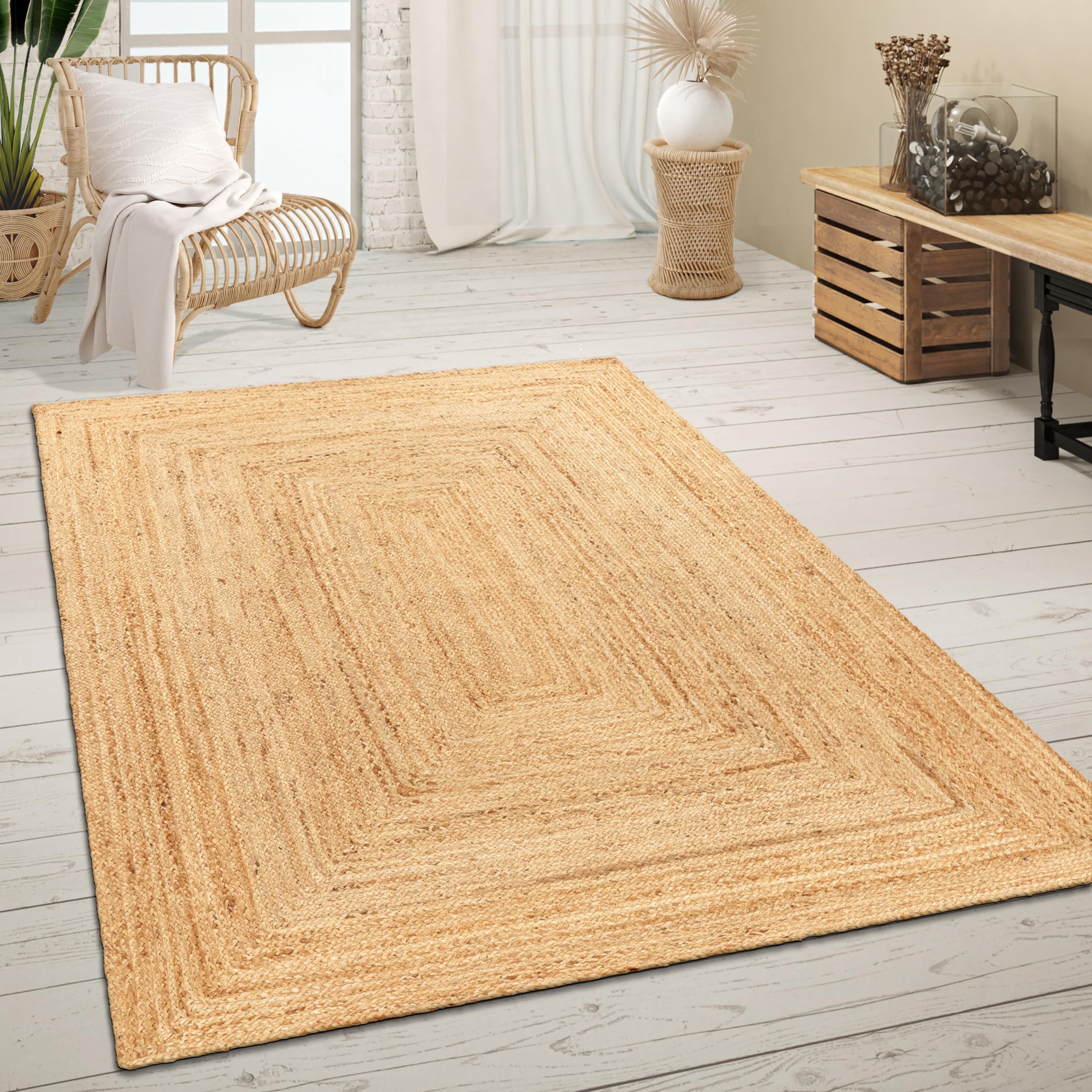 Paco Home Teppich Wohnzimmer Naturfaser Handgearbeitet Jute Meliert Modernes Muster Boho Stil, Grösse:120x170 cm, Farbe:Natur 6