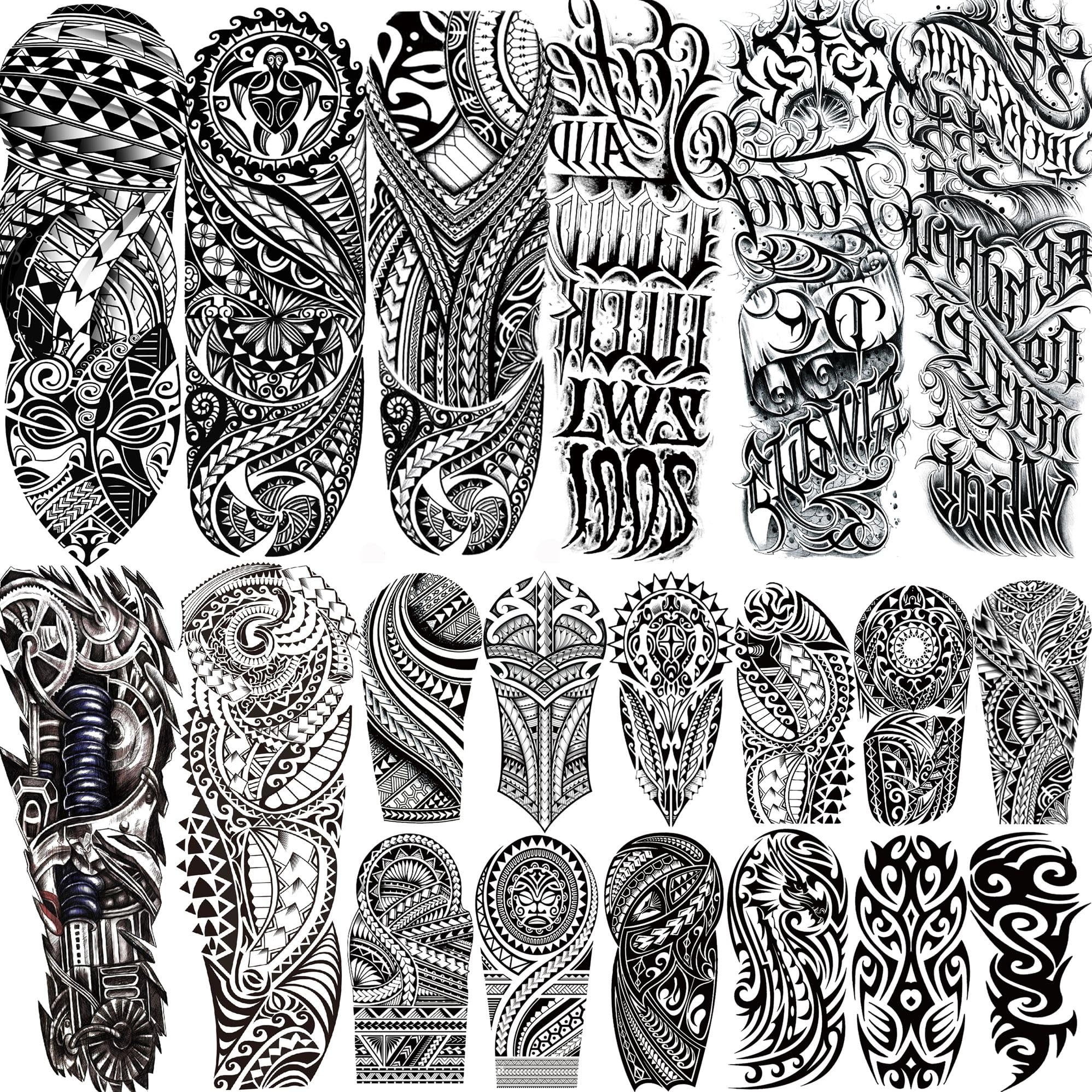 20 Sheets Cool Tirbal Maori Full Arm Temporary Tattoos For Men Adults Thigh, Black Totem Armband Robot Arm Letter Fake Sleeve Tattoos For Women, Bulk