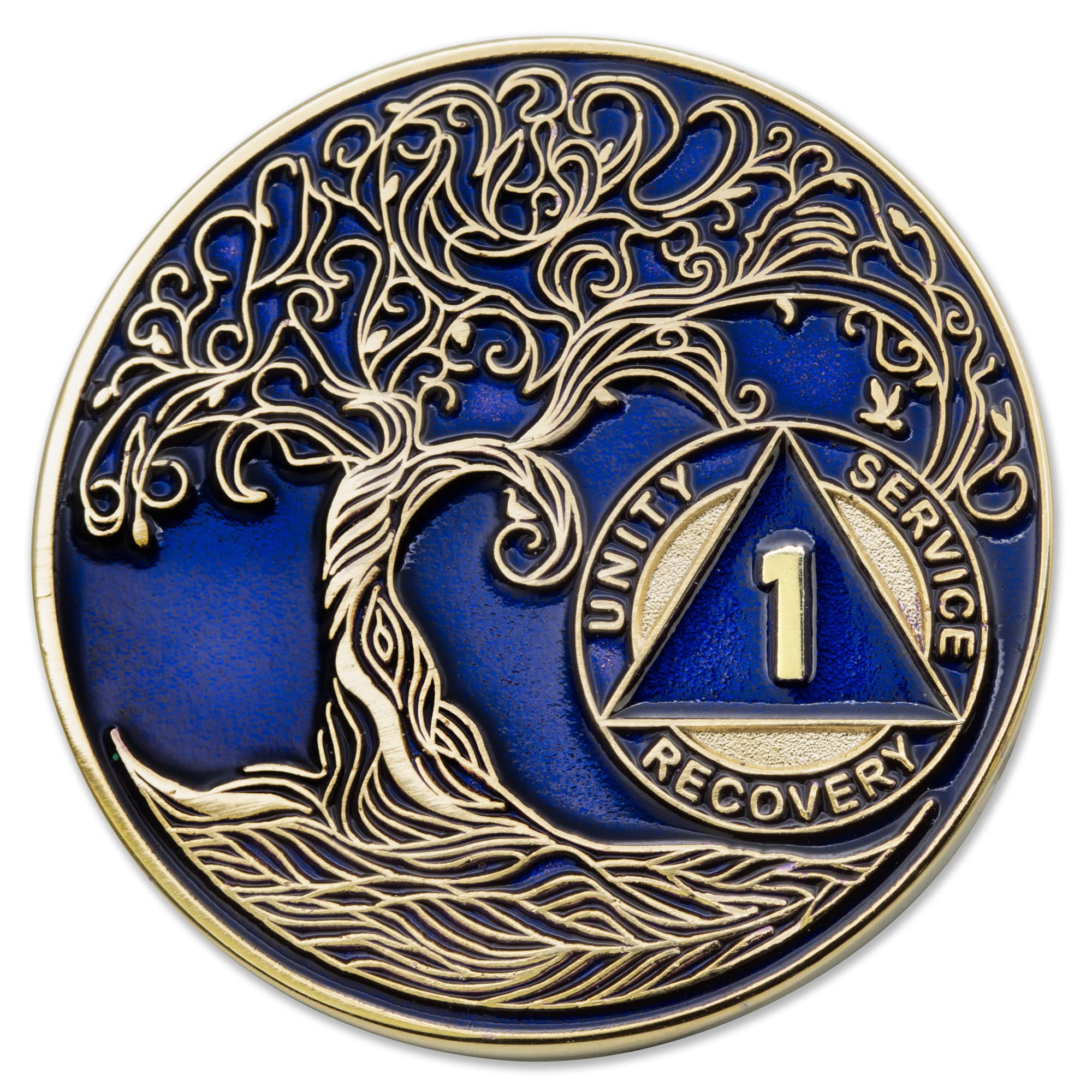 1 to 50 Year Twisted Tree of Life Sobriety Coin - Gold Plated AA Chips &amp; Medallions - 1 Year Sobriety Coin - Translucent Blue