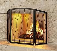Kingson Childproof 3-Panel Foldable Fireplace Screen - Heavy Duty Wrought Iron Mesh Spark Guard, Stable Black Decor for Homes with Kids & Pets