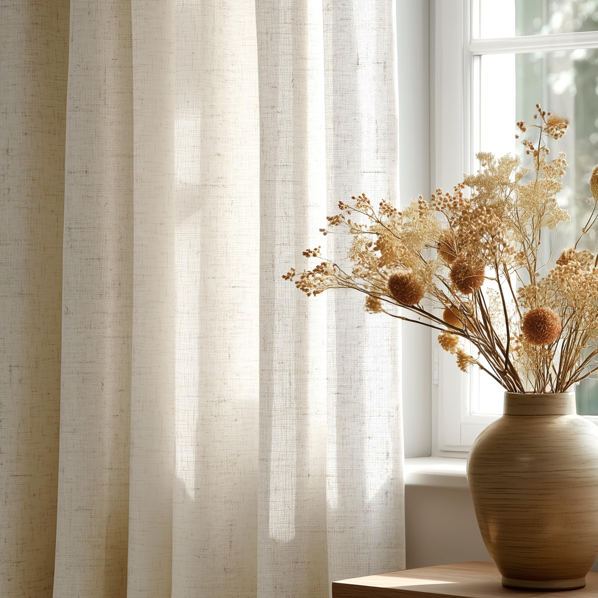 Deconovo Cortina de gasa con cinta fruncida, cortina decorativa semitransparente, aspecto de lino, cortinas ventiladas para salón, 290 x 140 cm (altura x anchura), lino, juego de 2 unidades