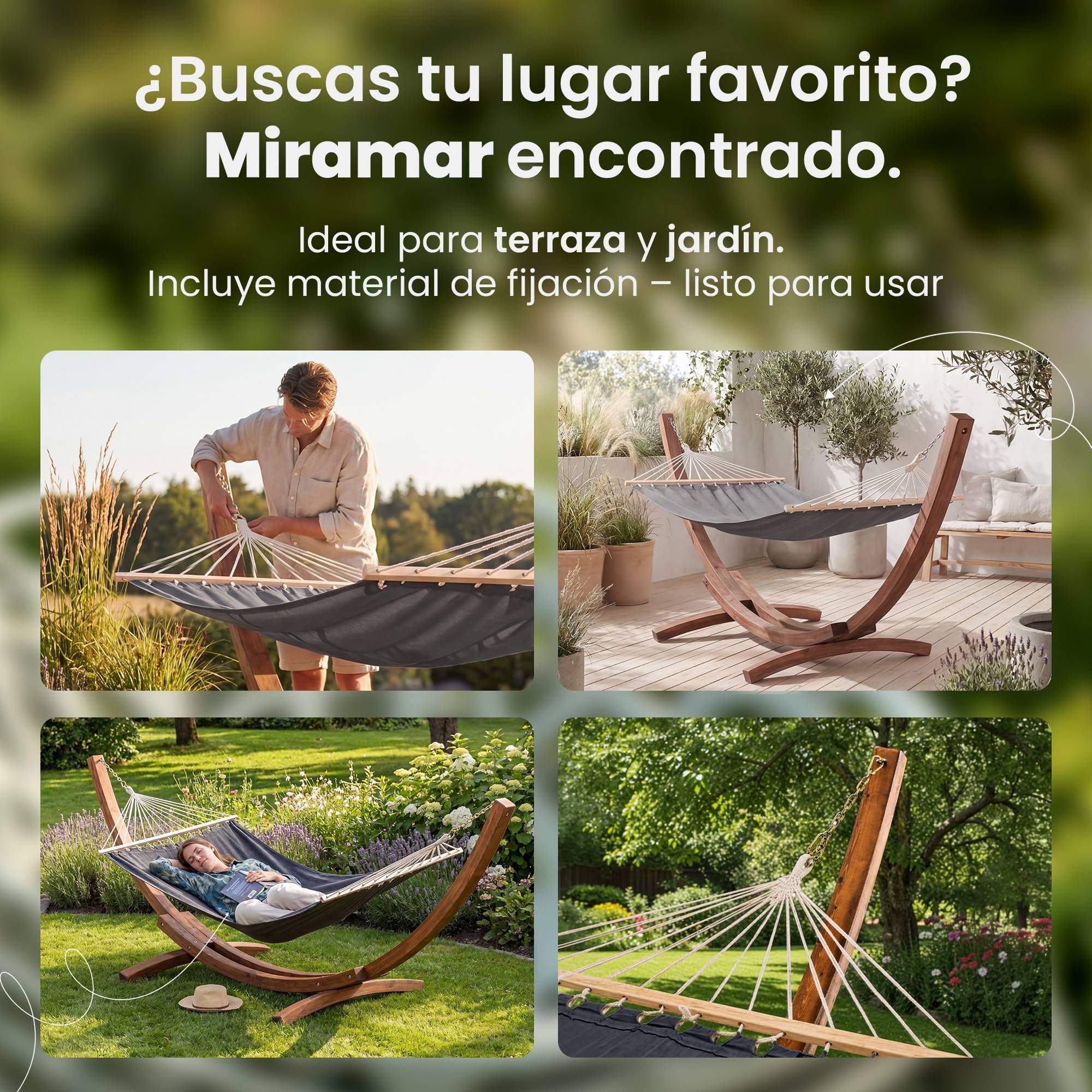 CLP Hamaca Miramar autoportante con Soporte de Madera de eucalipto, Estructura hasta 150 kg, Ideal para Jardin, terraza y Balcon, Color:Gris