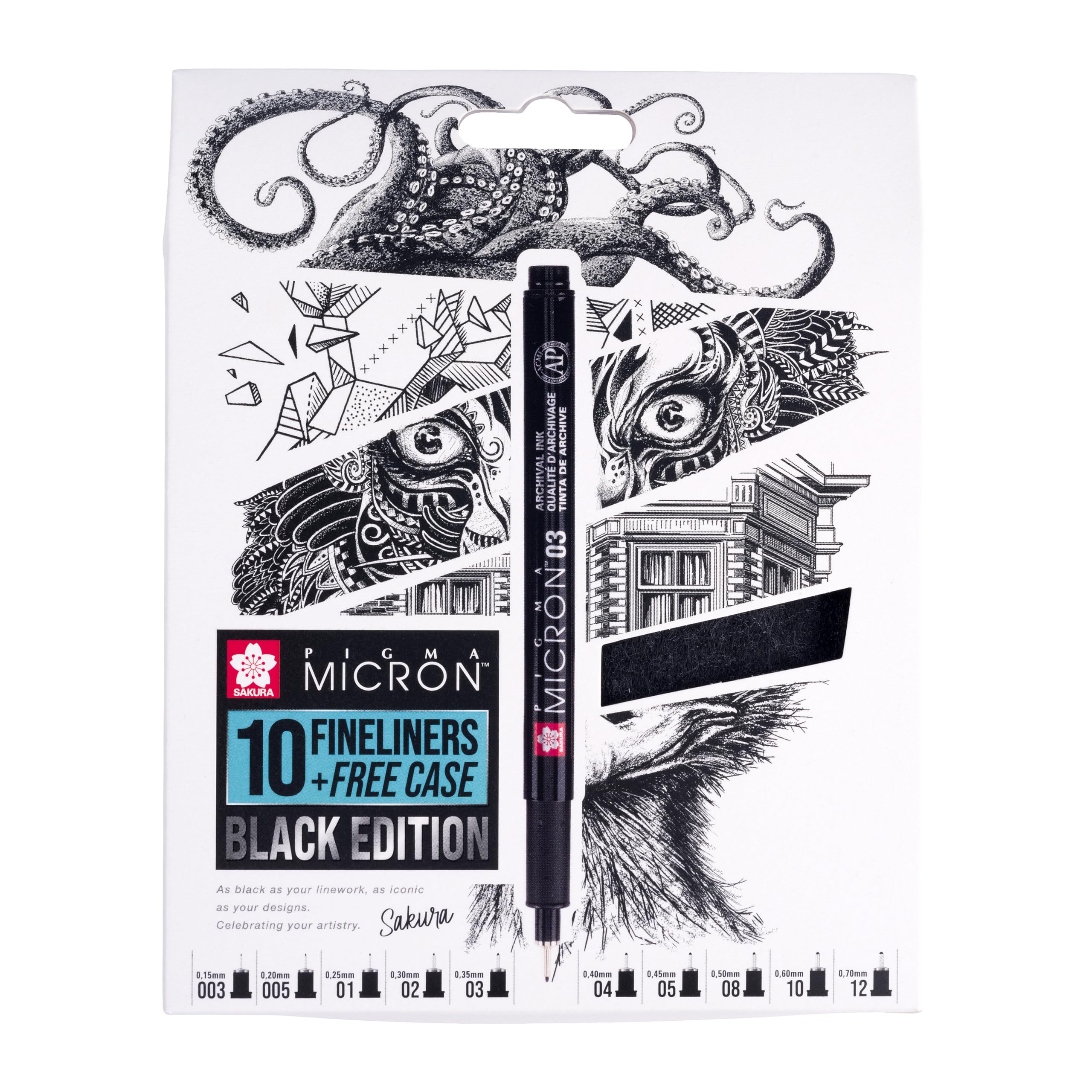 Sakura Pigma Micron Fineliners Set of 10 + Free Pen Case | Waterproof Black Ink, Assorted Sizes | Pens for Writing, Drawing & Journaling