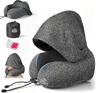Travel Pillow with Extra Large Hood for Airplane Long Flights Privacy and Comfort Memory Foam with Skin-Friendly Cover for Road Trip Head&Neck Support for Plane Office Cars Sleeping & Rest (Grey)